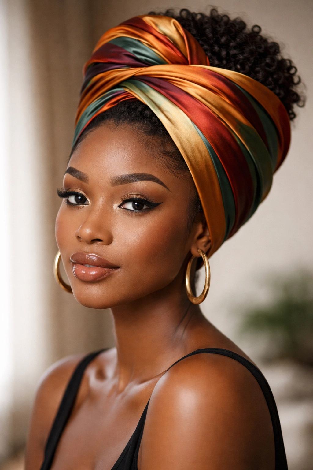 25 Natural Hairstyles Black Women Are Rocking Now 17 Head wrapped in a colorful scarf in a protective wrap styling.