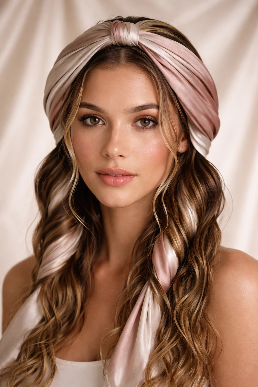 Front view of head wrapped in silk scarf with waves forming beneath