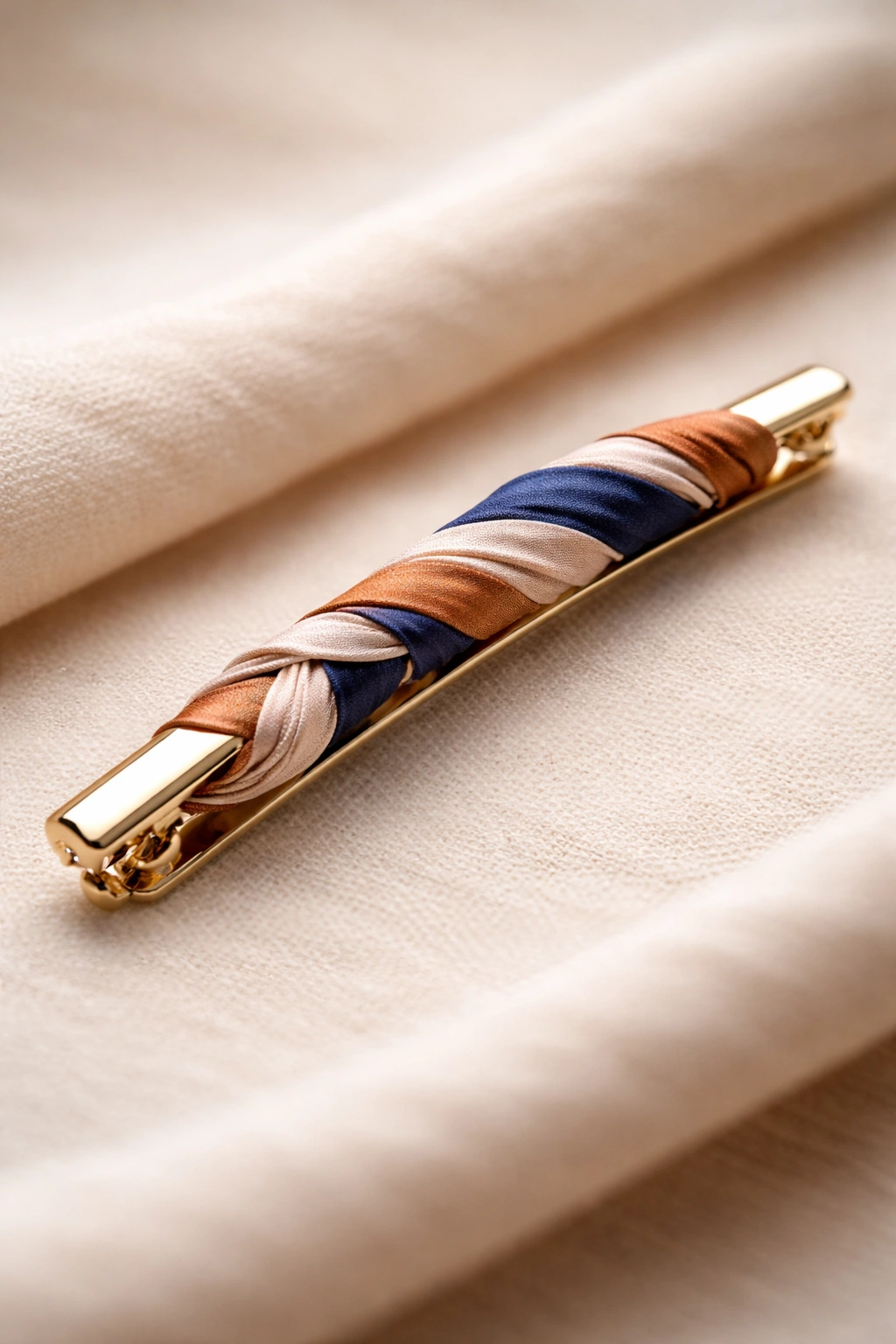 Close-up of a silk wrapped barrette with scarf around clip on neutral background