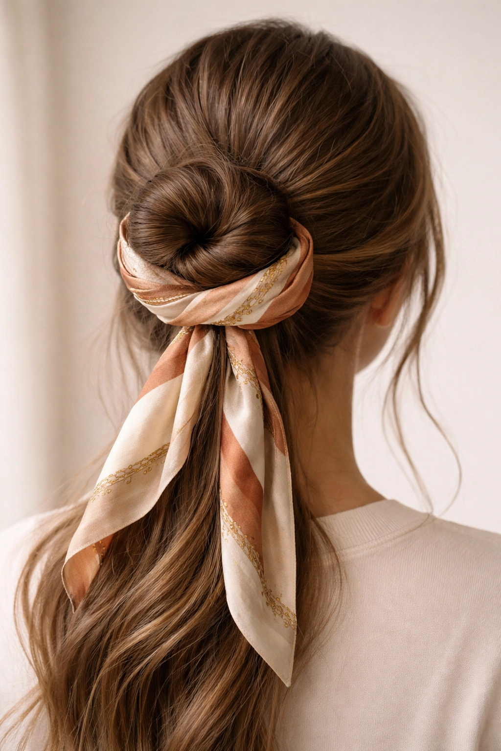 Bun wrapped with a silky scarf around the base.