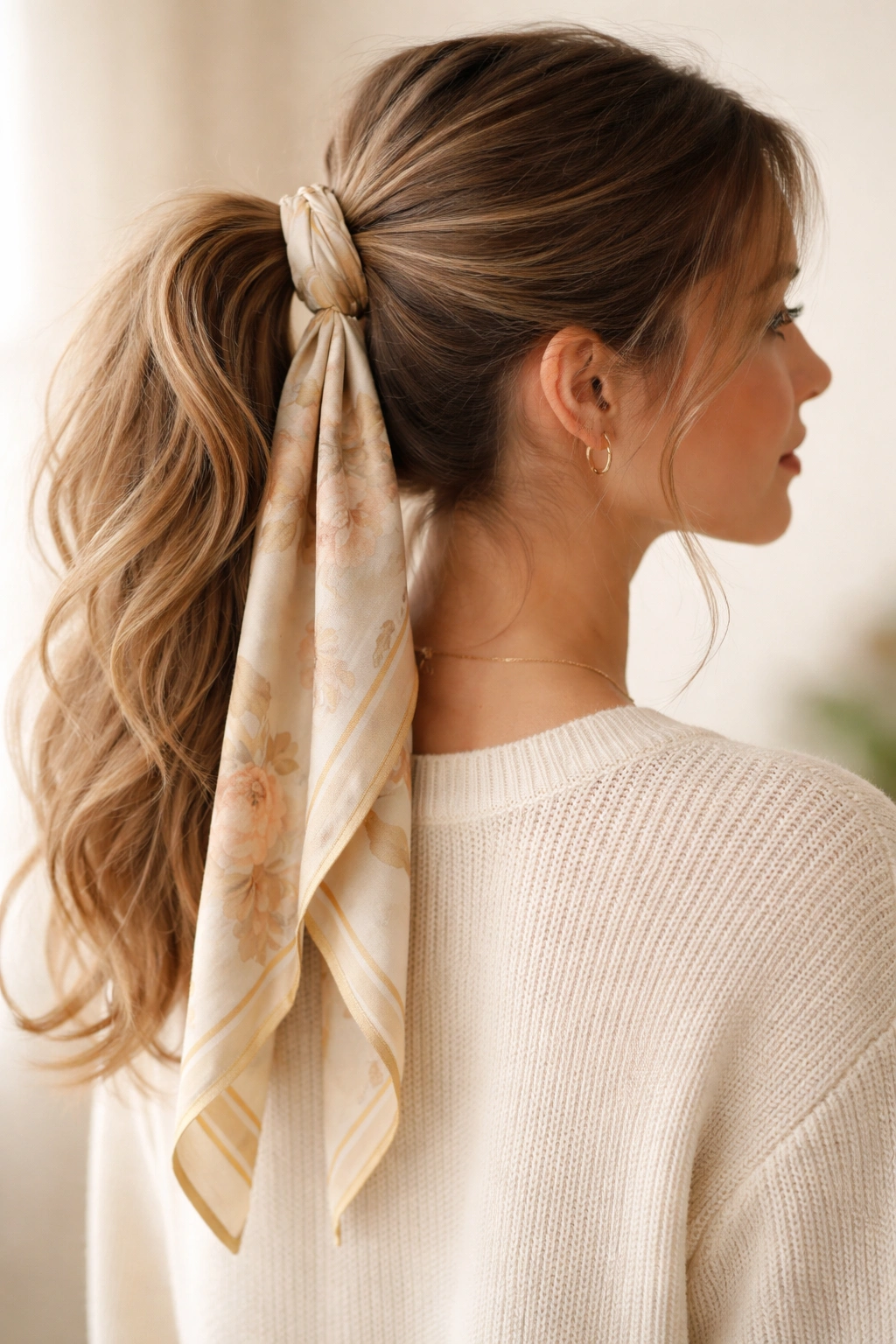 Ponytail tied with silk scarf at base
