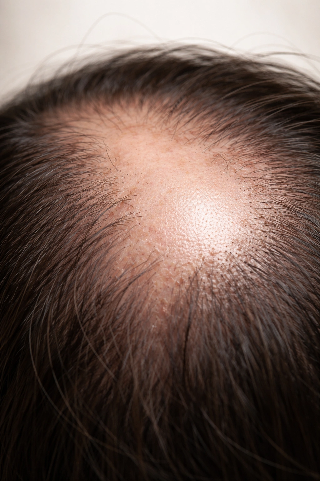 Close-up scalp with a smooth, shiny patch indicating scarring alopecia
