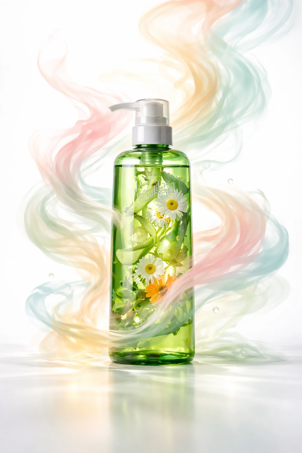 Shampoo bottle with ethereal scented vapors around; no text.
