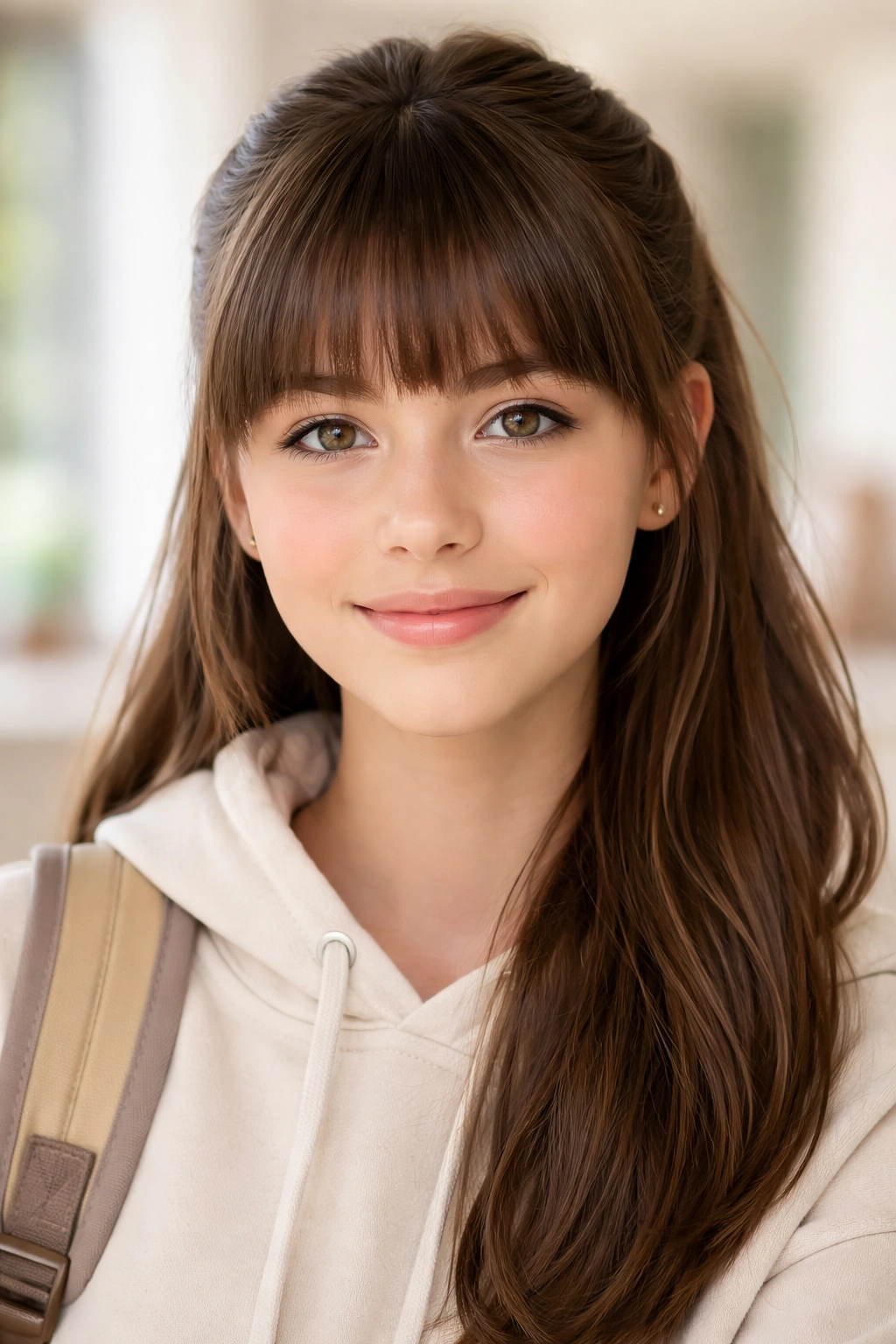 Close-up portrait of a student with neatly styled school bangs under soft lighting