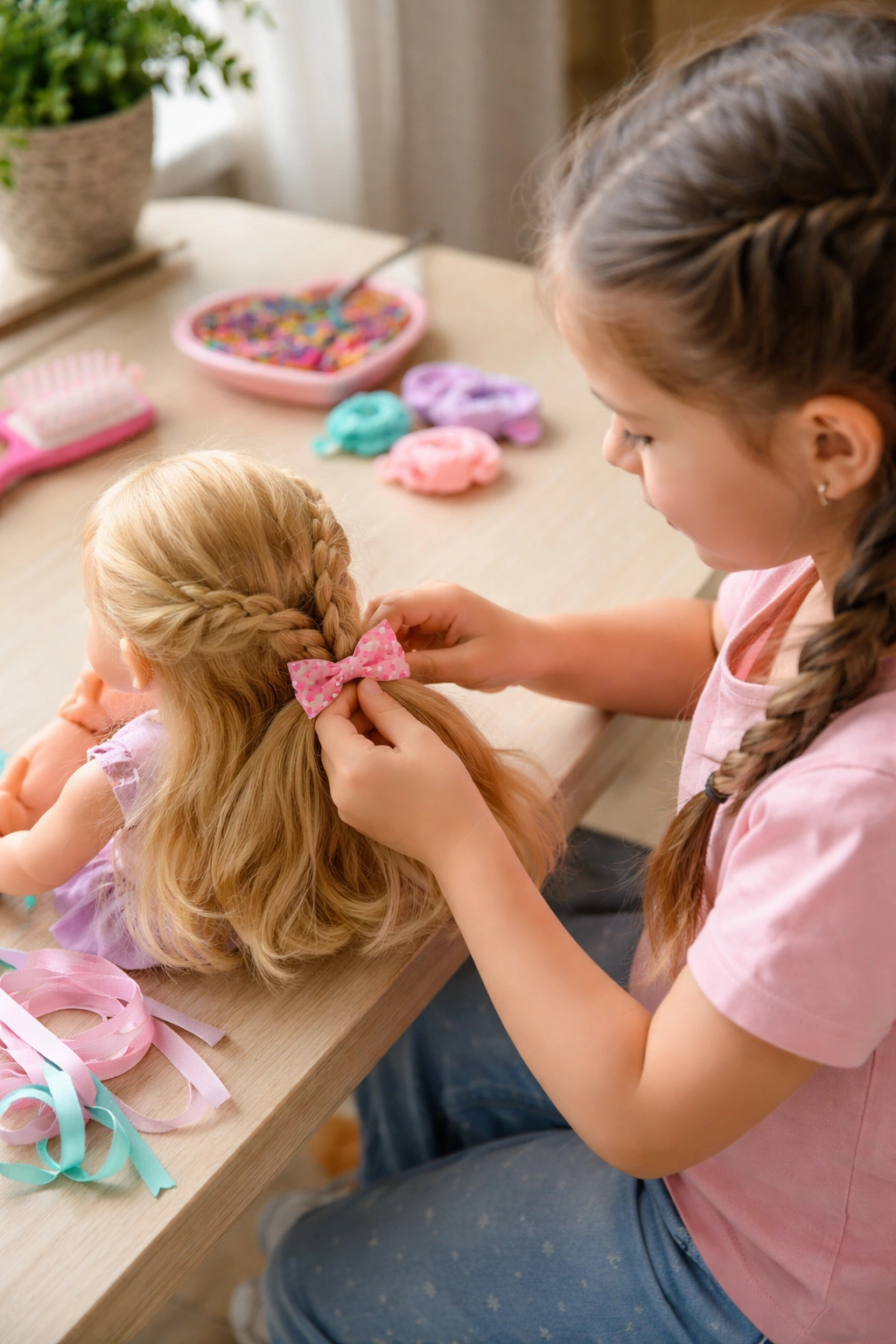 Girl practicing hairstyles on a doll at a cozy morning table