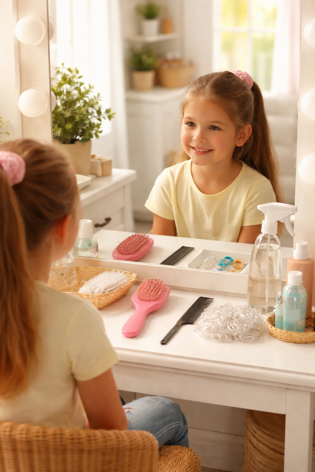 Organized styling station with hair tools for a school hair routine