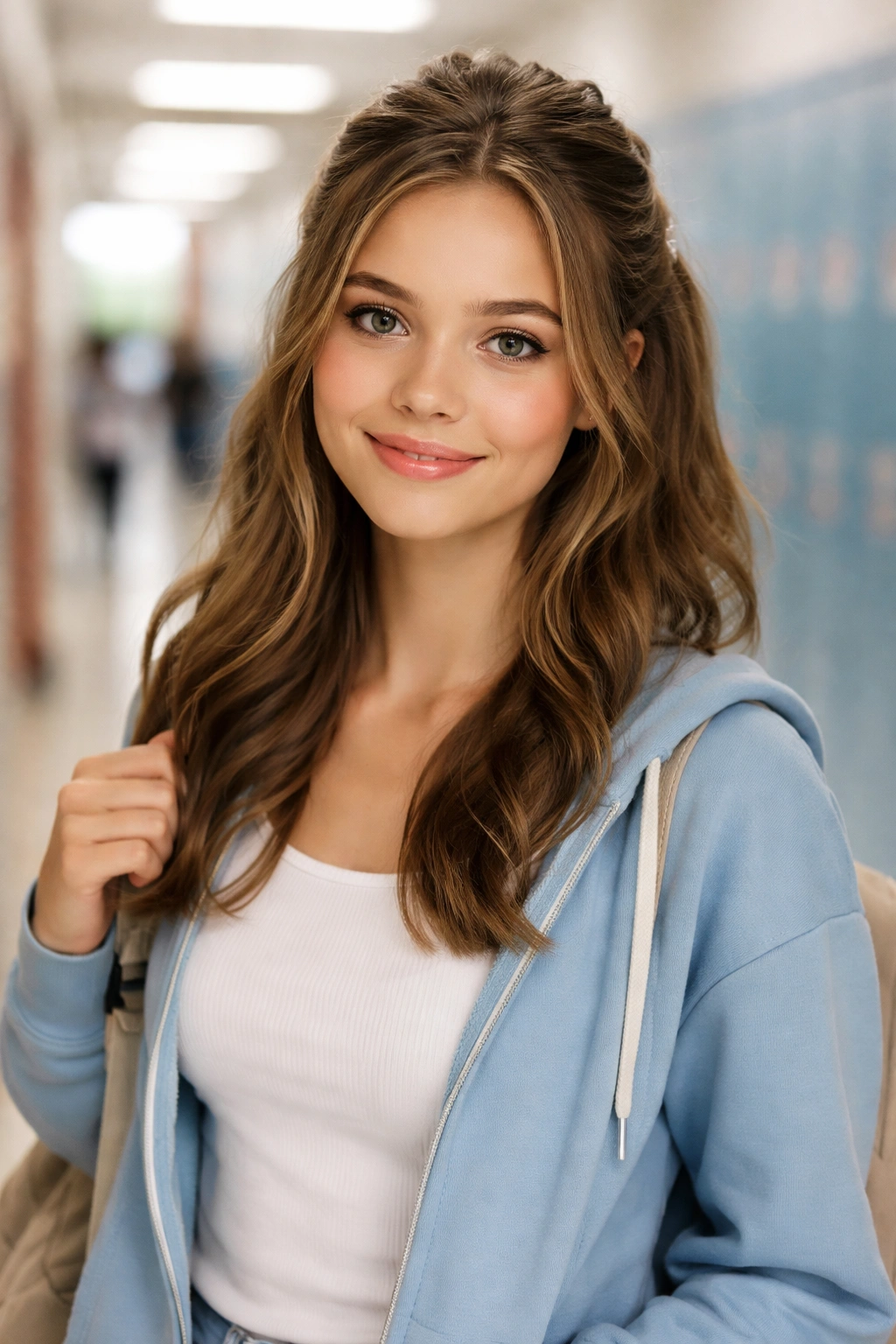 Student in a school hallway with a neat, face-framing hairstyle.
