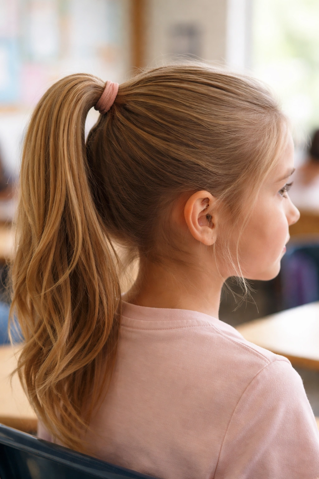 Close-up of a child’s high ponytail keeping hair off the face, school-appropriate hairstyle.