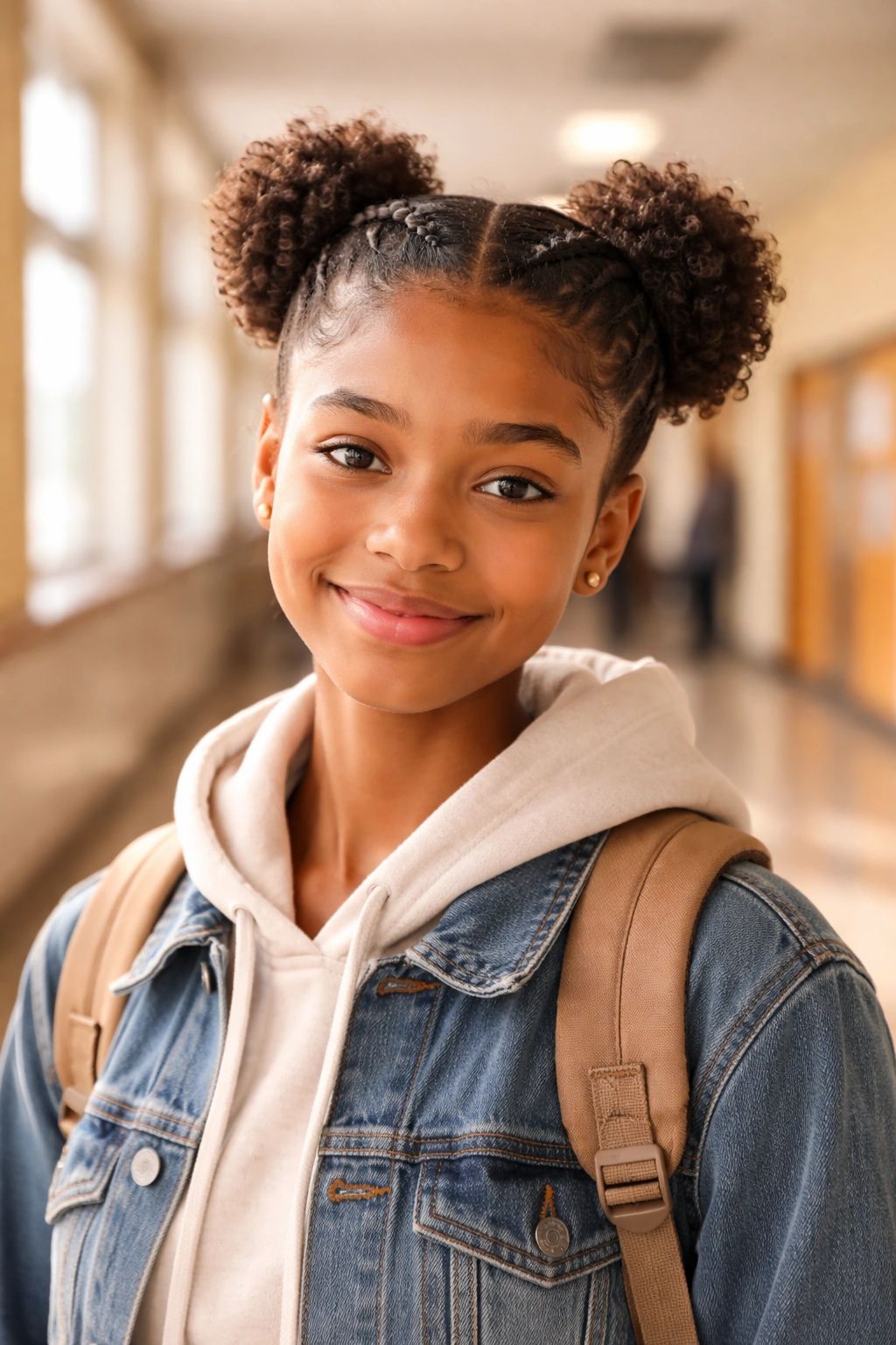 Student with neat school hairstyle in softly lit hallway