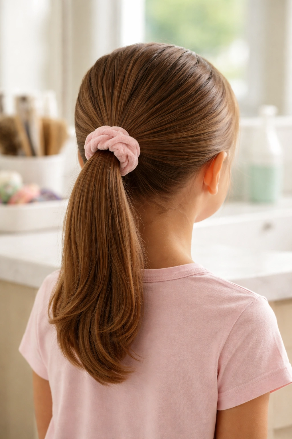 Close-up of a child's hair in a neat ponytail with a fabric tie