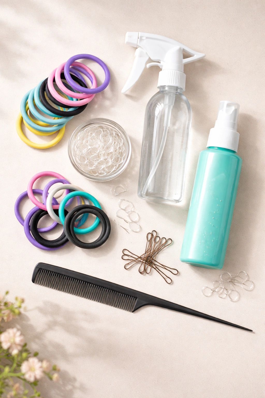 Flat lay of generic hair-styling products for school hairstyles on a neutral surface