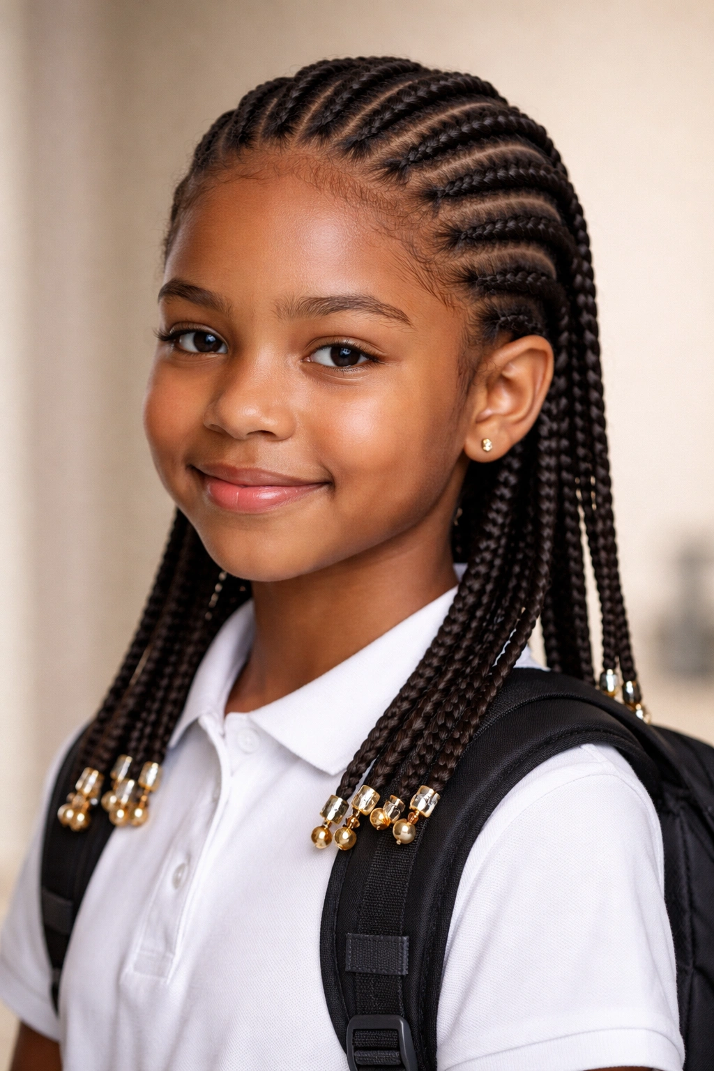 Head with neat straight-back cornrows in a classic school-ready pattern