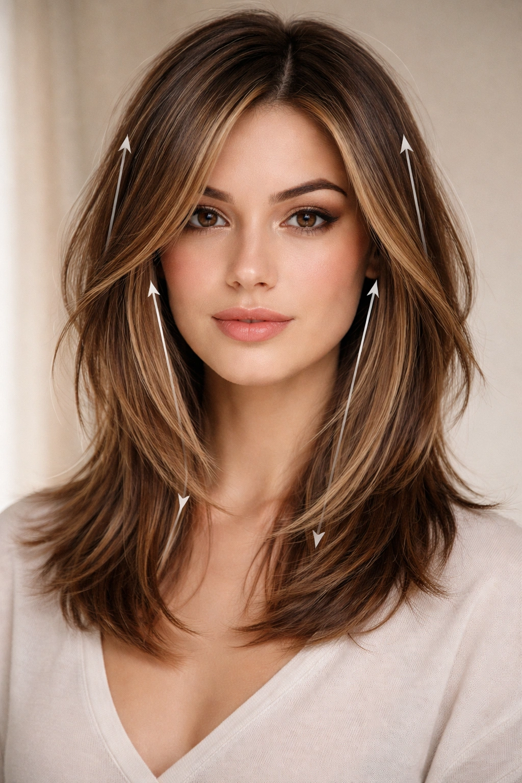 Concept portrait showing vertical lines and angular hairstyle shaping a round face