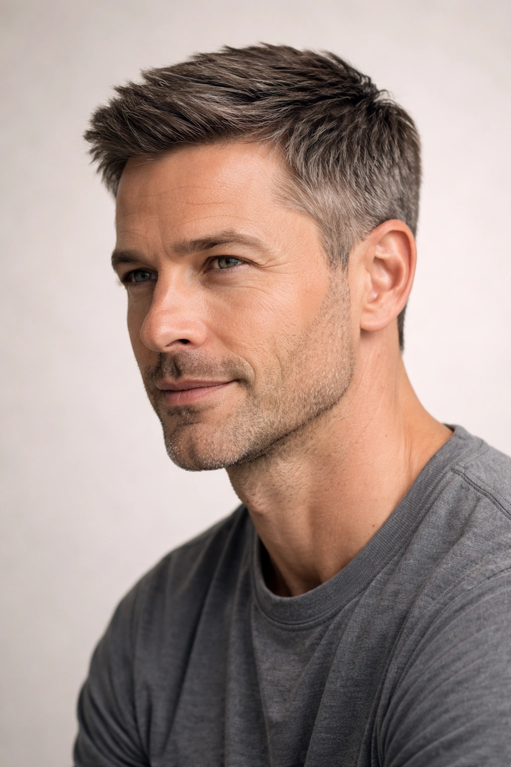 Portrait of a man with a short scissor cut showing tailored edges