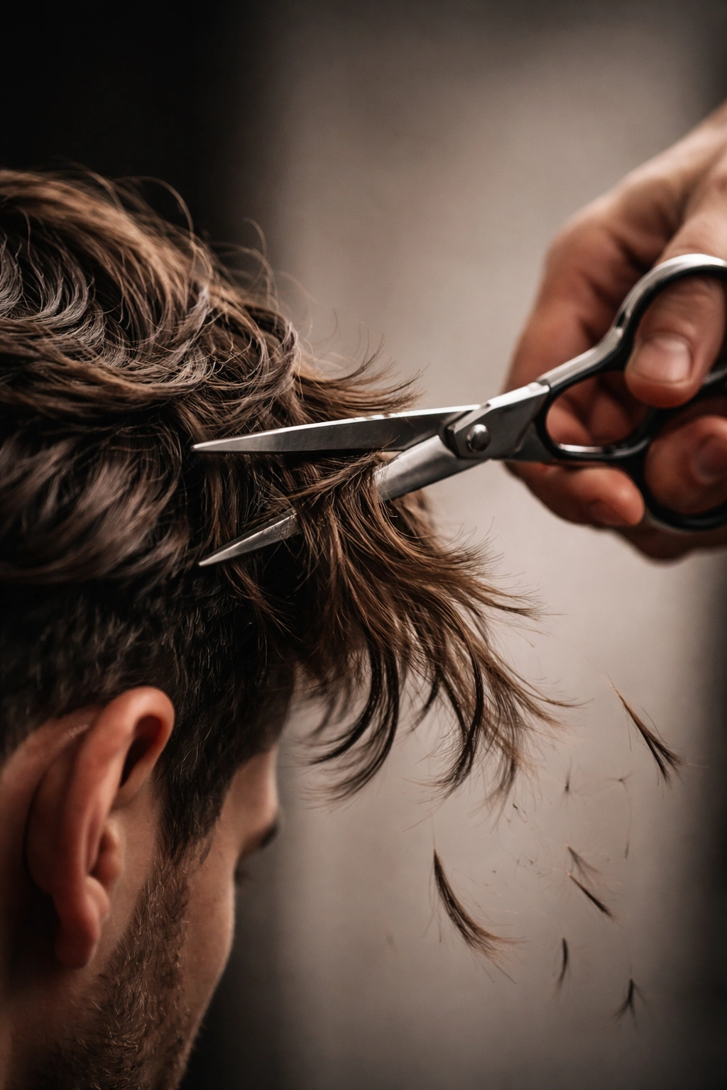 Close-up of hair being cut with scissors, strands mid-fall.
