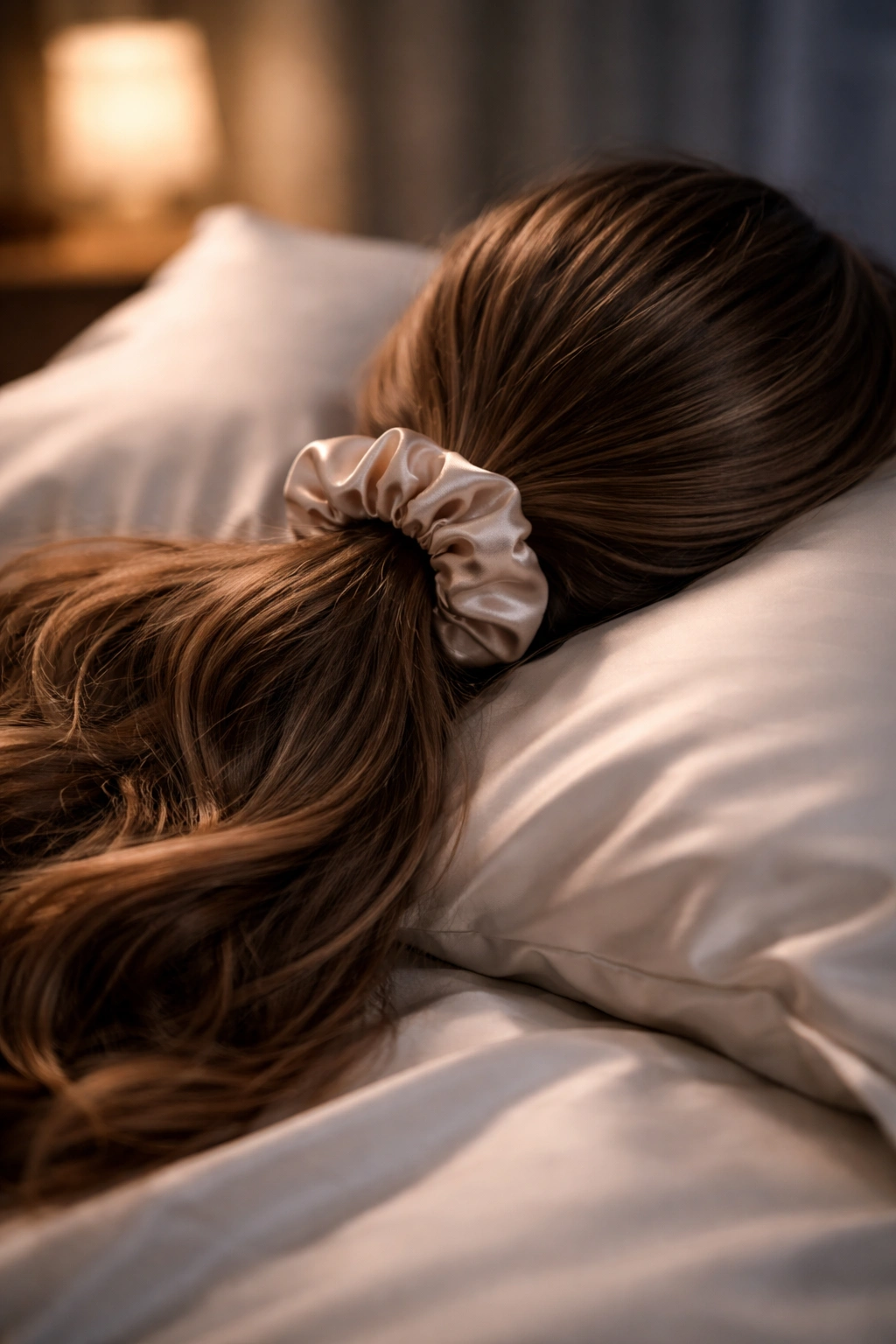 Hair secured with satin scrunchie for nighttime care