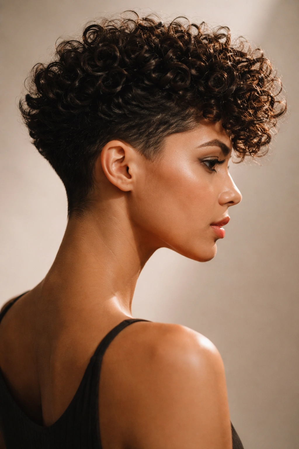 20 Short Curly Haircuts To Try Today 18 Portrait of a person with a sculpted curl crop showing architectural lines and defined silhouette.