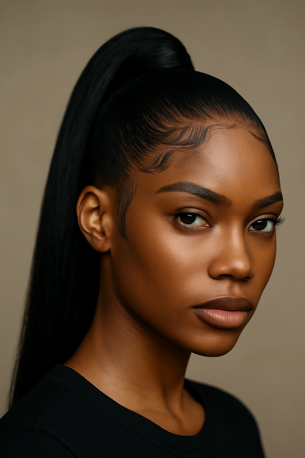 10 Pushback Hairstyles Black Women Can't Stop Wearing 5 Close-up portrait of a Black woman with a high pony and sculpted edge pattern.