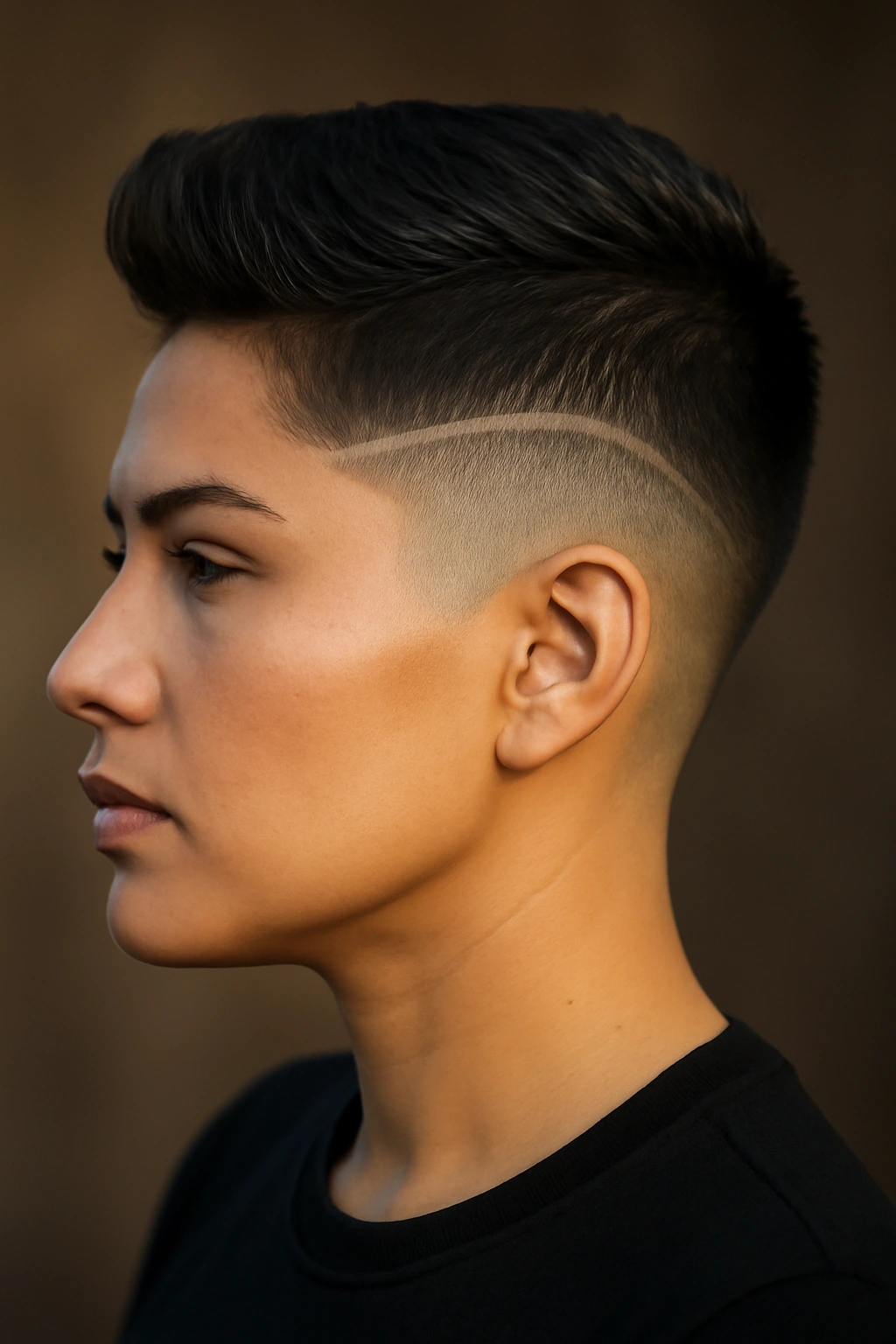 12 Short Haircuts Latina Women Are Asking For Now 9 Latina woman with a sculpted fade on the sides and longer top hair.