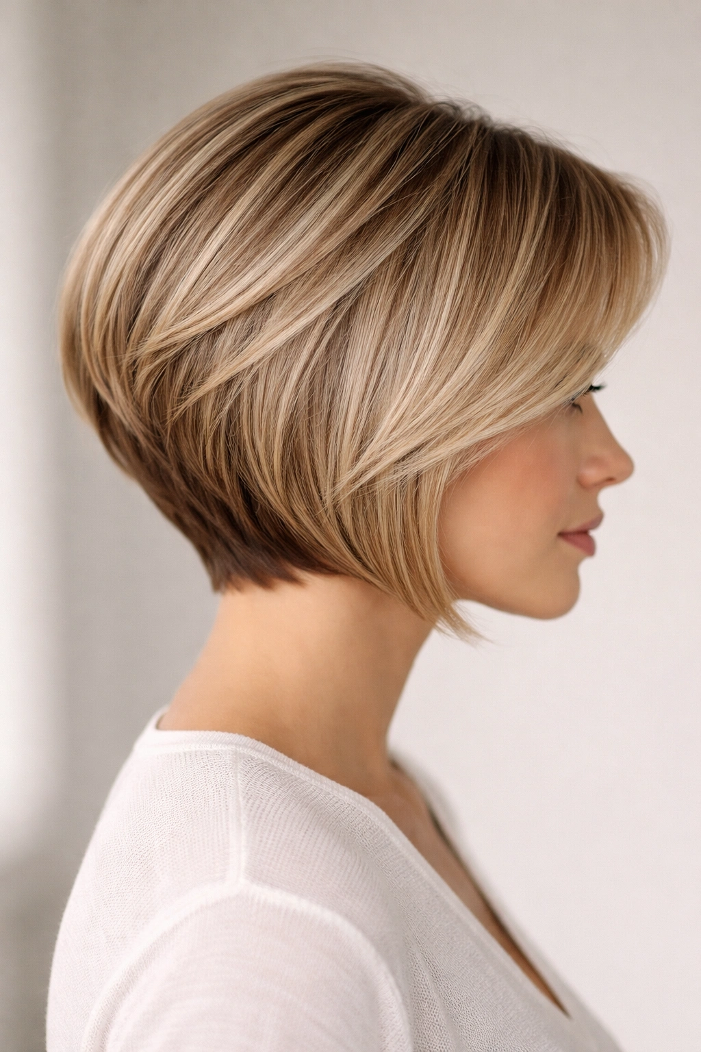 10 Stacked Angled Bobs That Boost Fine Hair 10 Portrait of a model with sculpted layered angled bob showing precise layering and silhouette