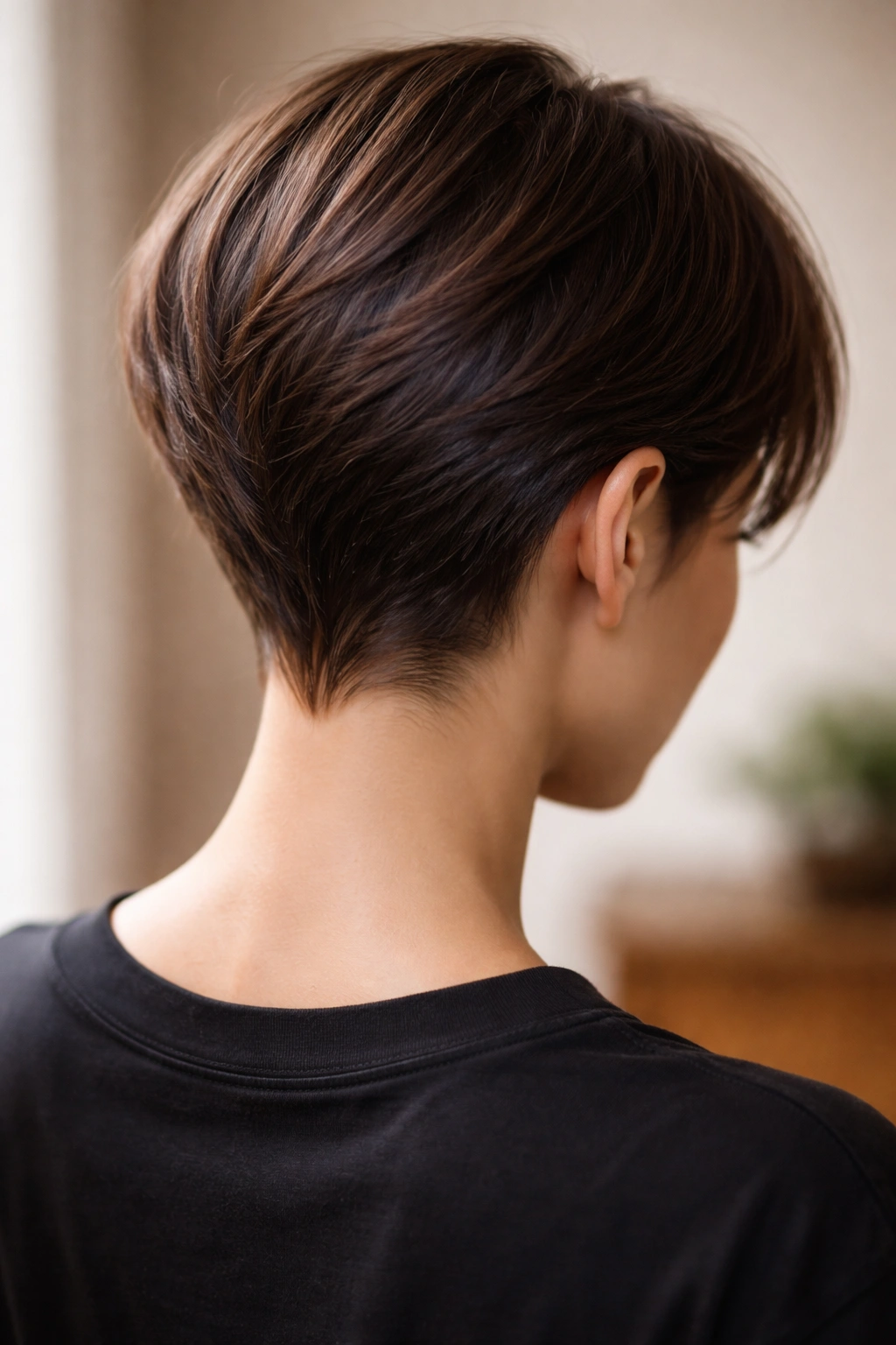 15 Short Haircuts That Look Great Without Bangs 10 Back view of a short haircut with sculpted nape details