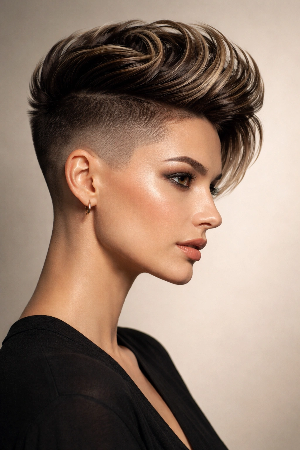 Sculpted shave with longer crown styled into a defined high crown