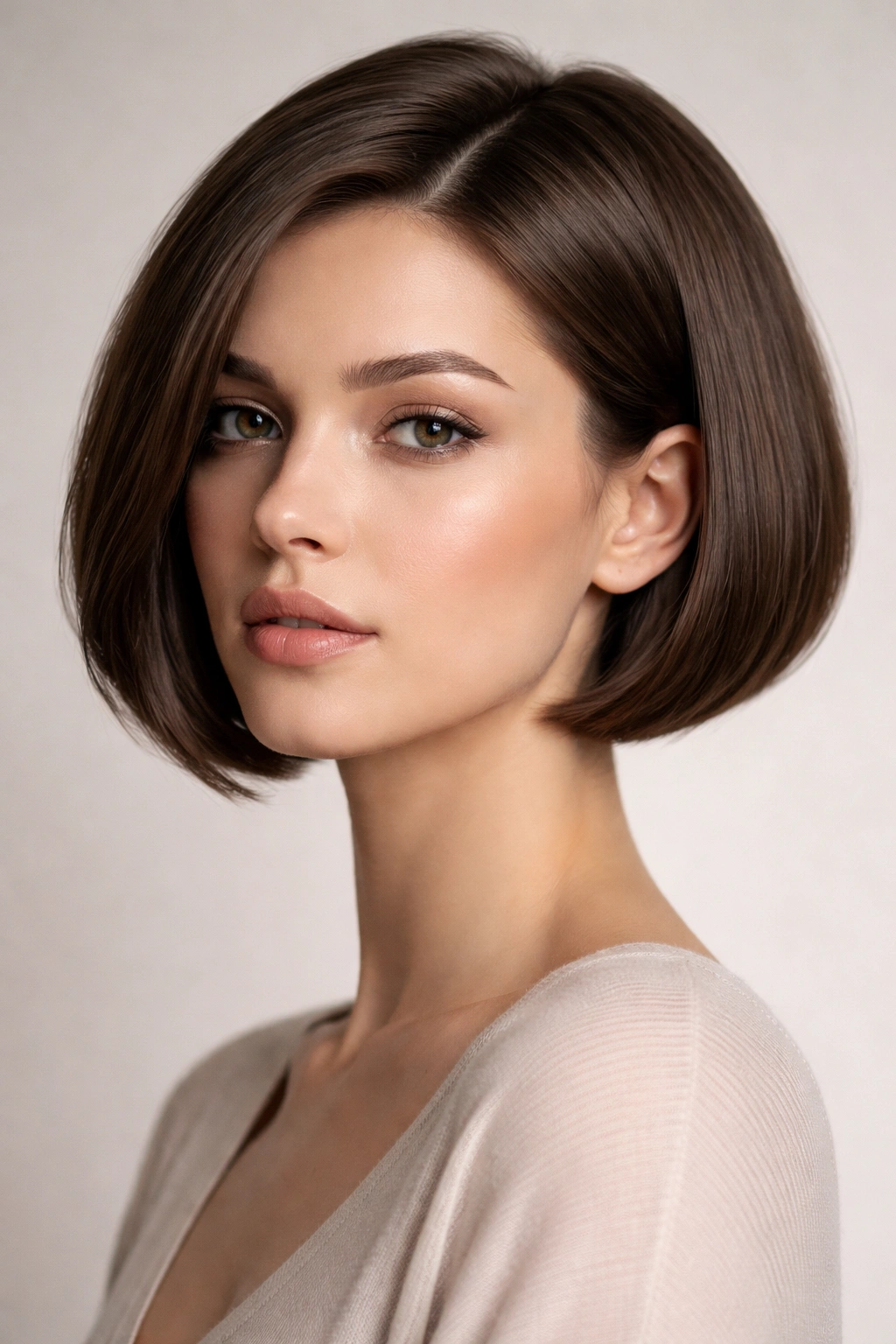 Close-up of a person with a chin-length sculpted short bob and blunt ends