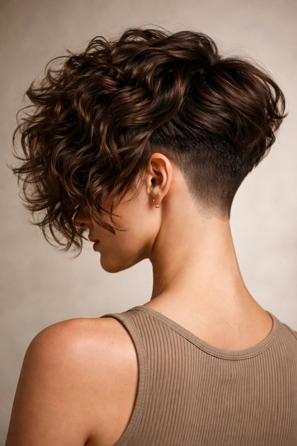 Close-up of sculpted curly bob with undercut and bevel lines emphasizing bold geometry