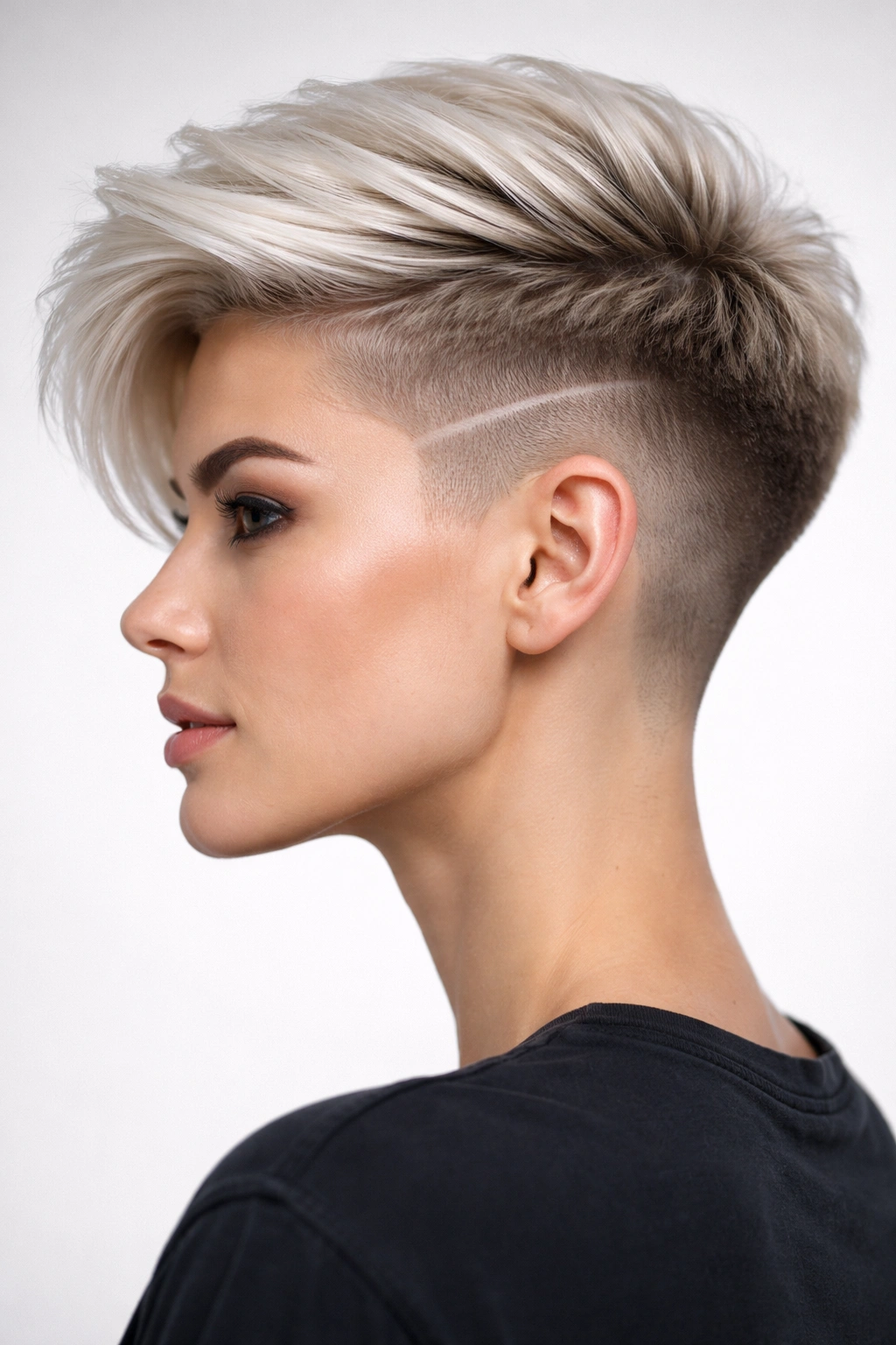 Profile view of platinum blonde sculpted undercut with top length and shaved sides