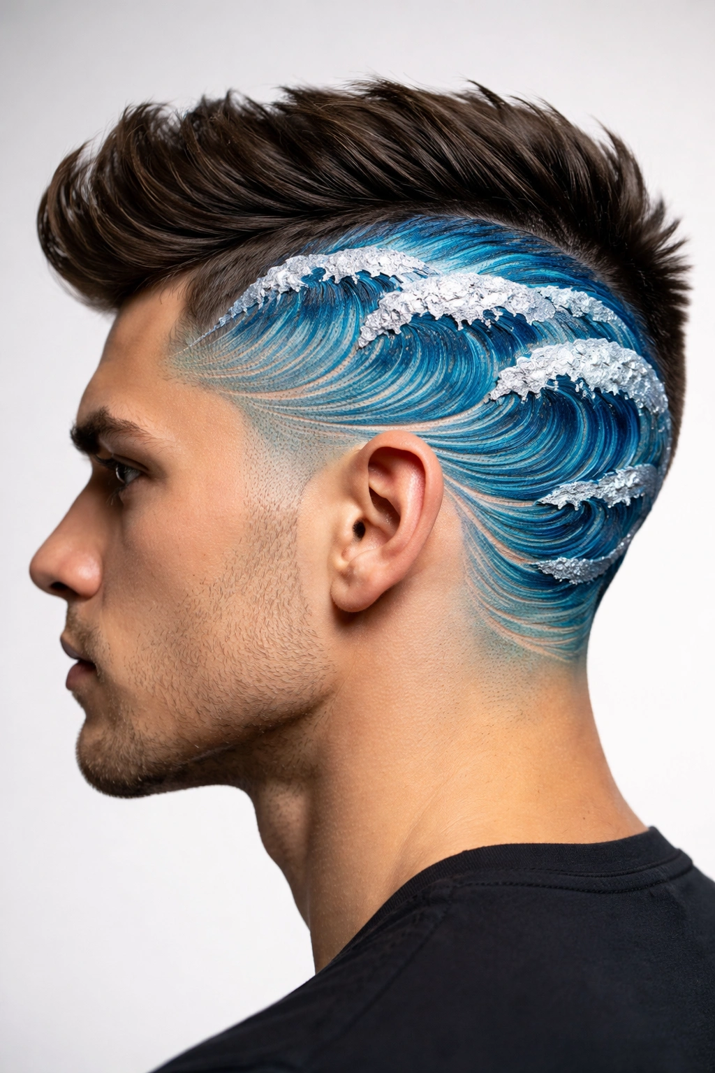 Close-up of carved wave design on the side of a man's head with blue tones