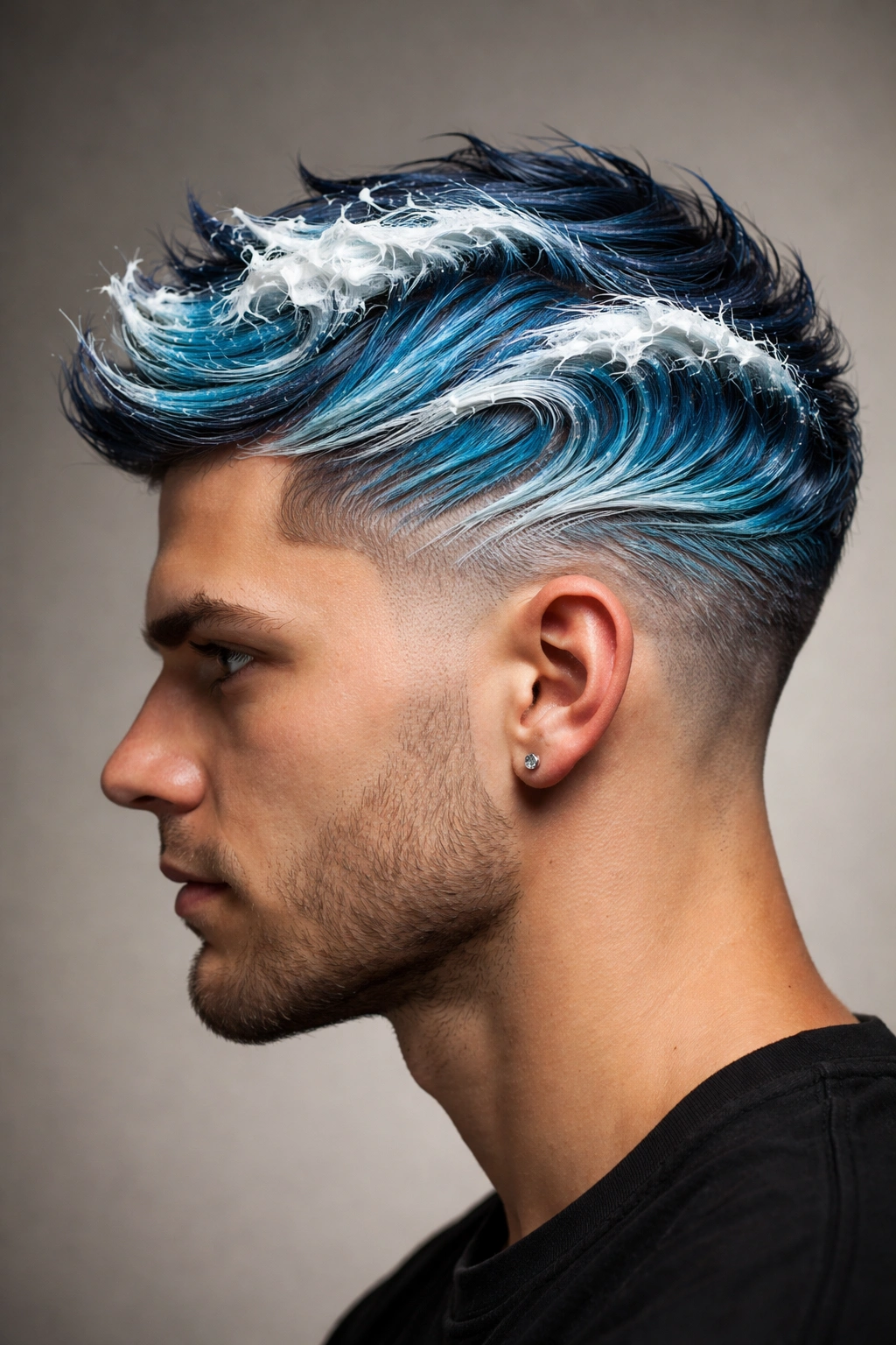 Close-up of a male head with sculpted wave haircut featuring blue tones and foam-like crests