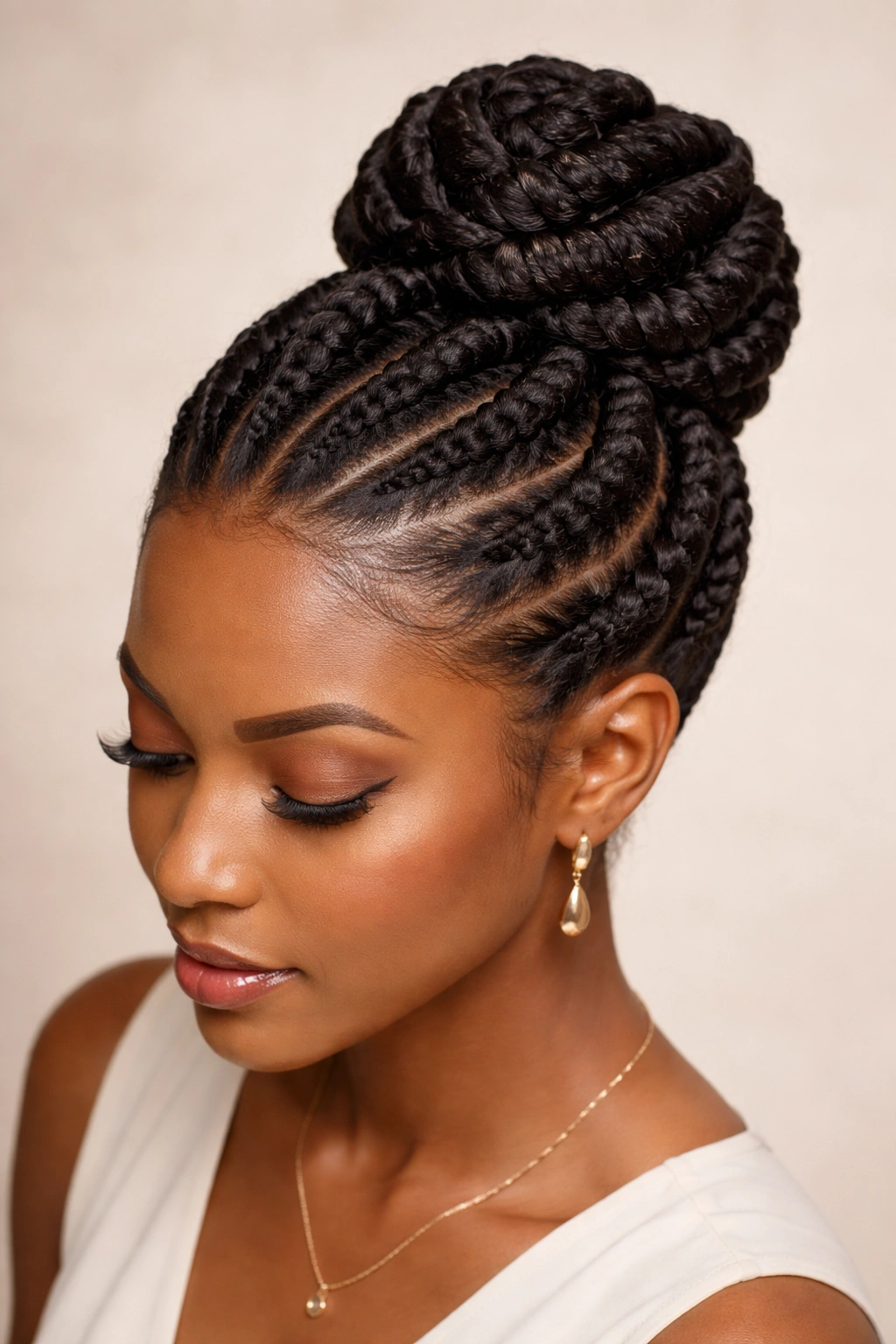 Flat twists formed into a sculptural bun on top of the head
