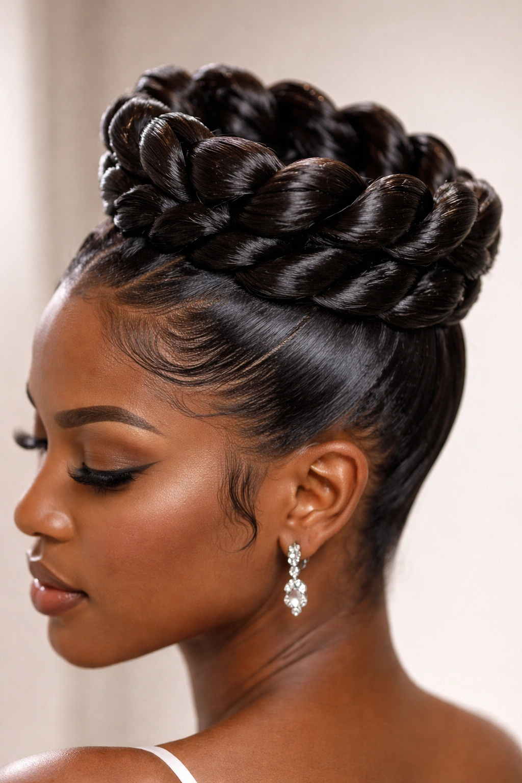 Twisted crown hairstyle with glossy, sculpted twists