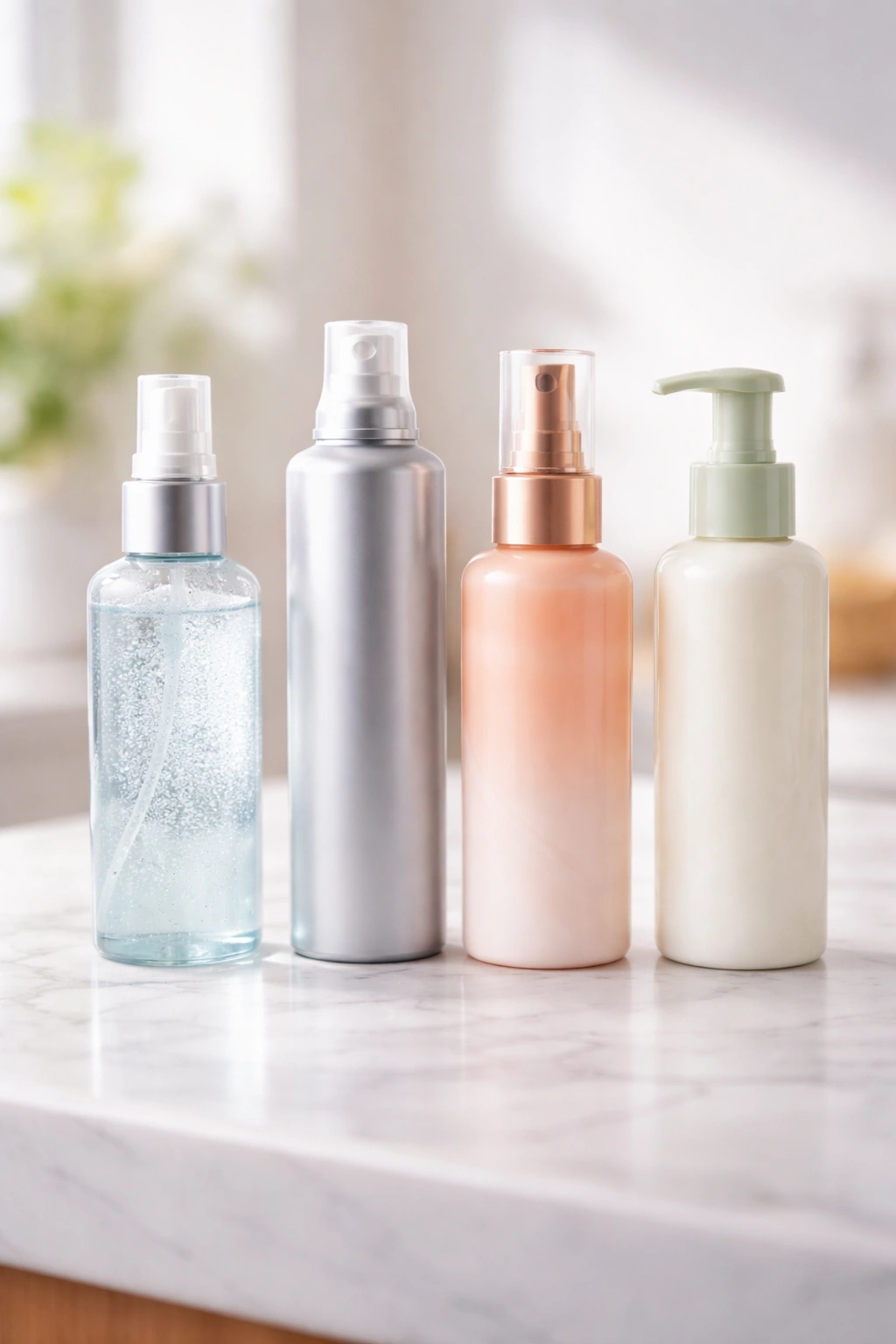 Bottles of hair products arranged on a counter with no visible labels