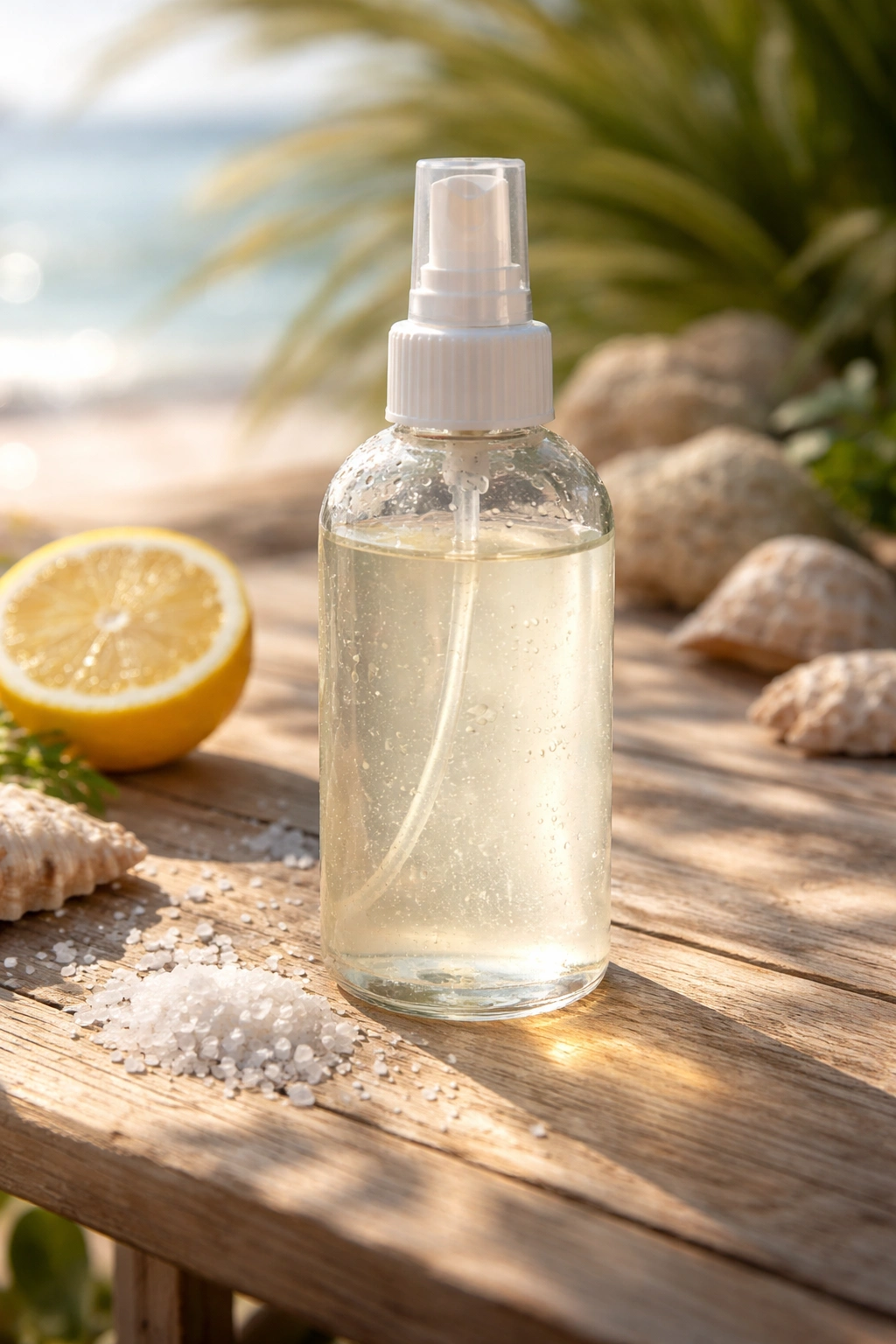 Spray bottle of sea salt solution on sunlit wood