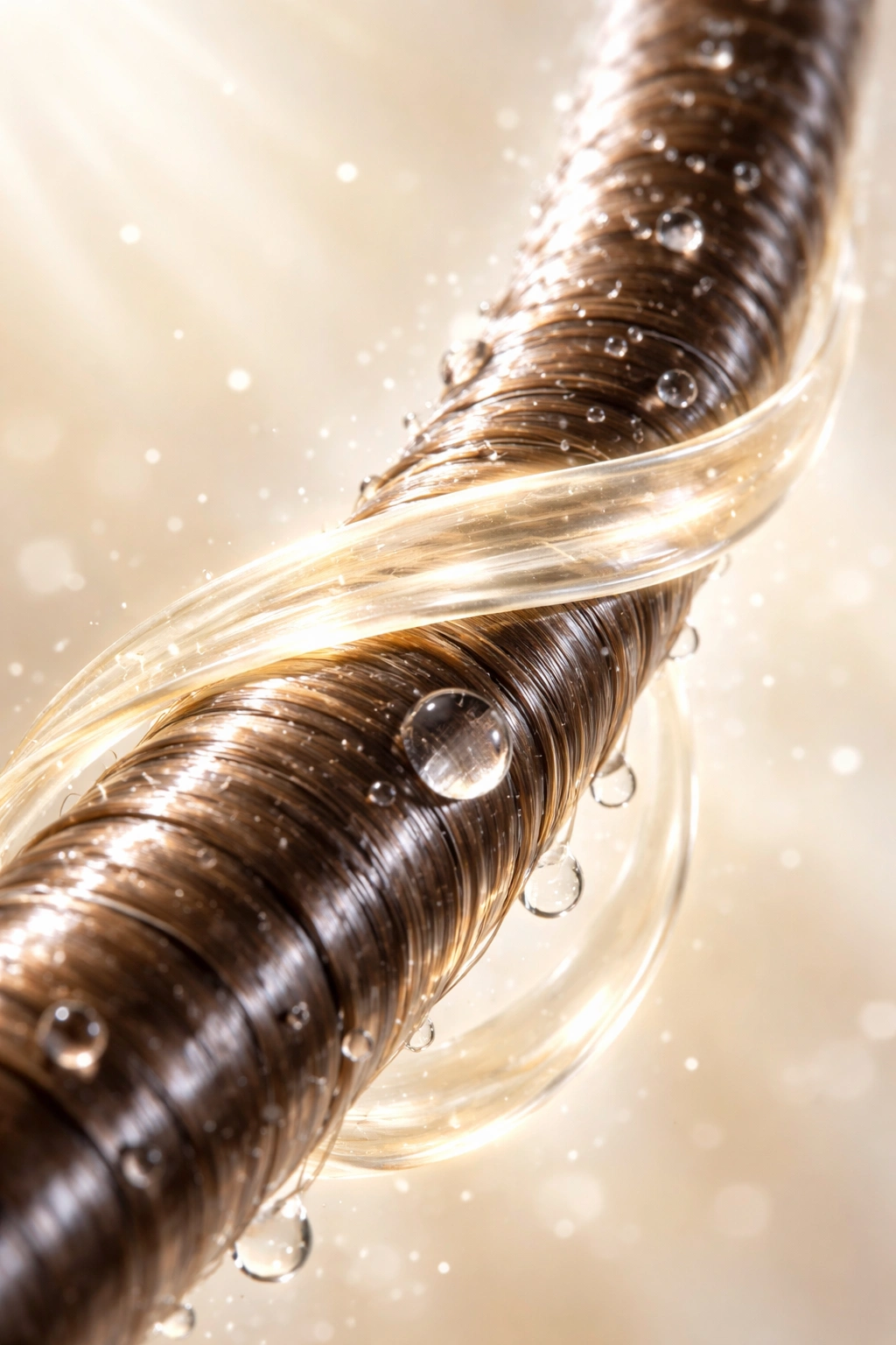Hair strand with glossy sealed surface for moisture retention