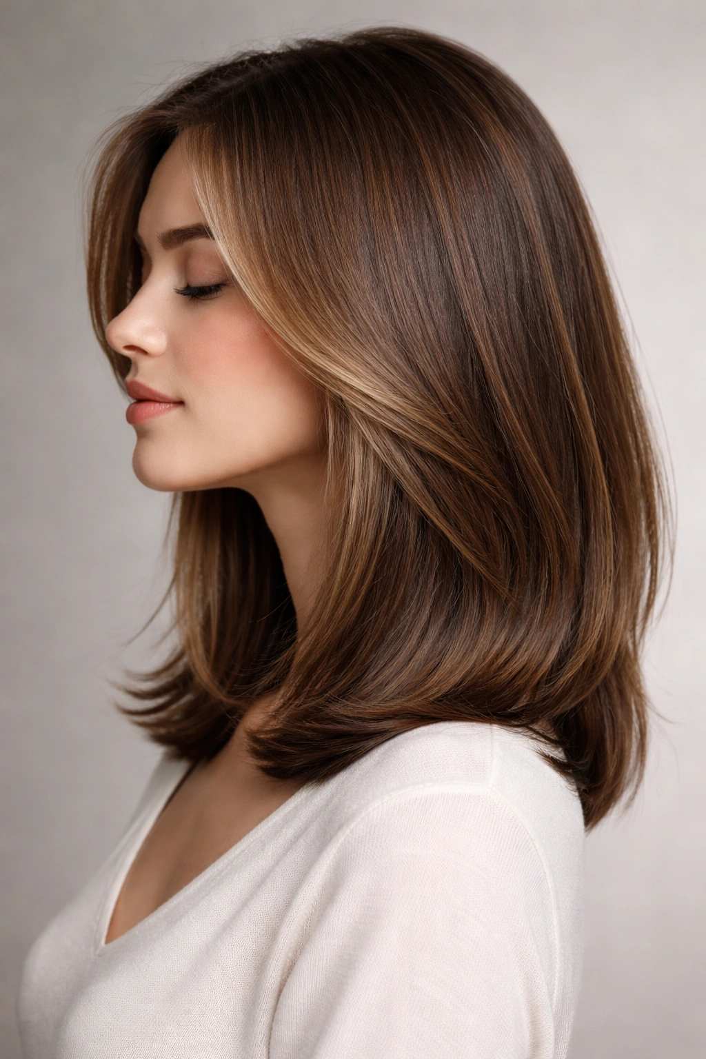 Close-up of a shoulder-length seamless blend hairstyle with smooth texture and natural shine