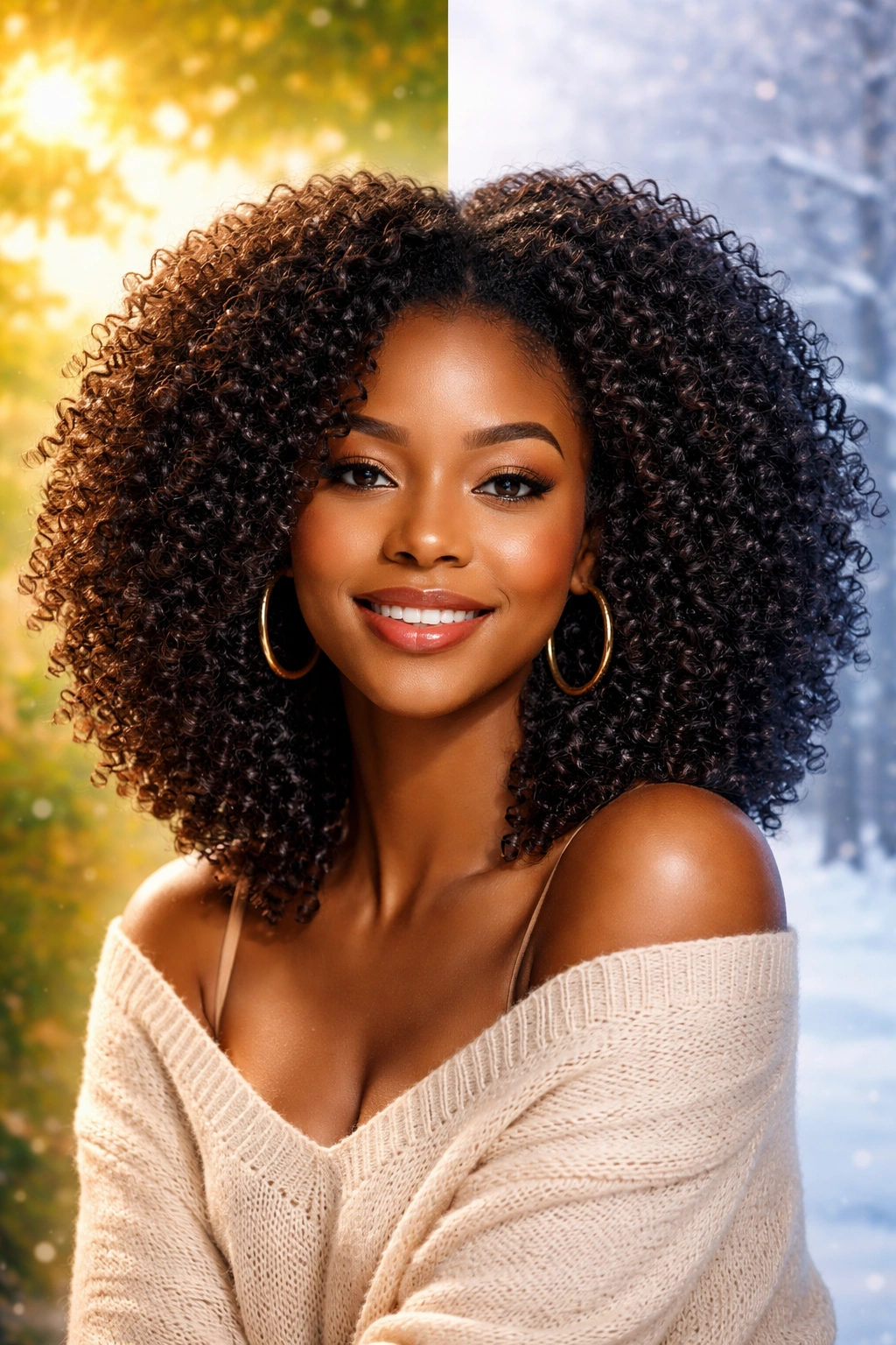 Coily hair shown with dual-season lighting to imply summer and winter care