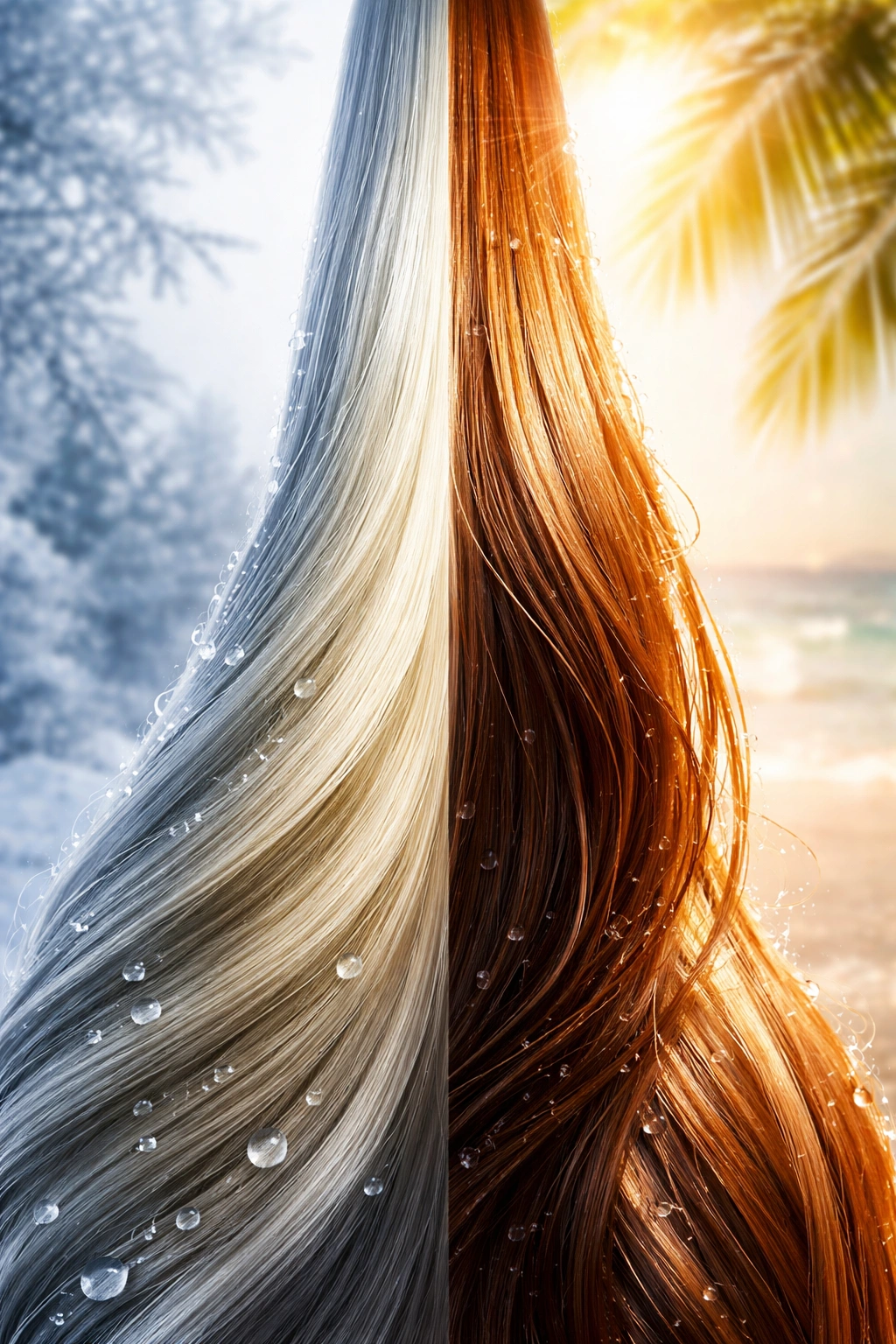 Hair strand under dual-season lighting to illustrate winter and summer conditioning needs
