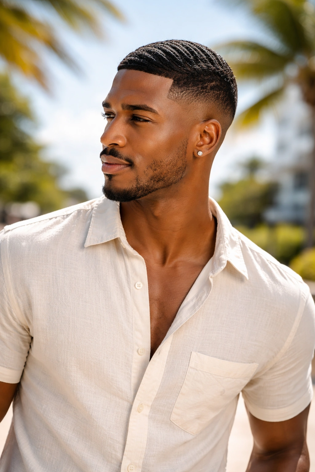 Black man with a short fade in summer sun, outdoors