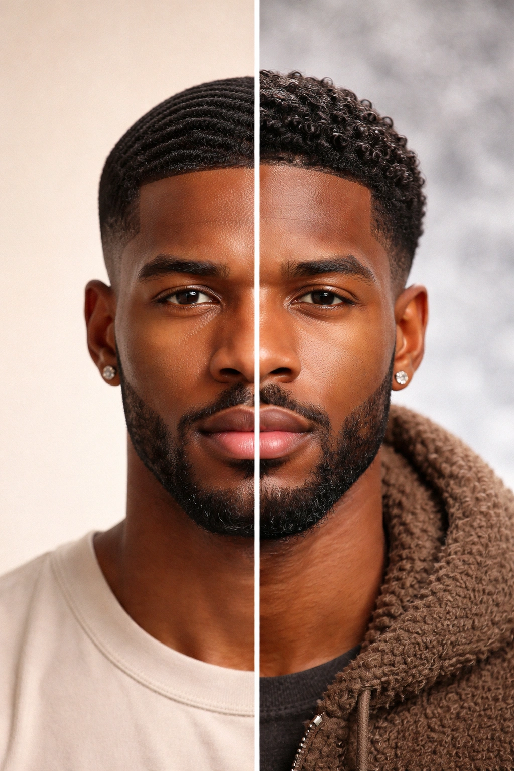 Split portrait showing summer fade and winter moisturizing style