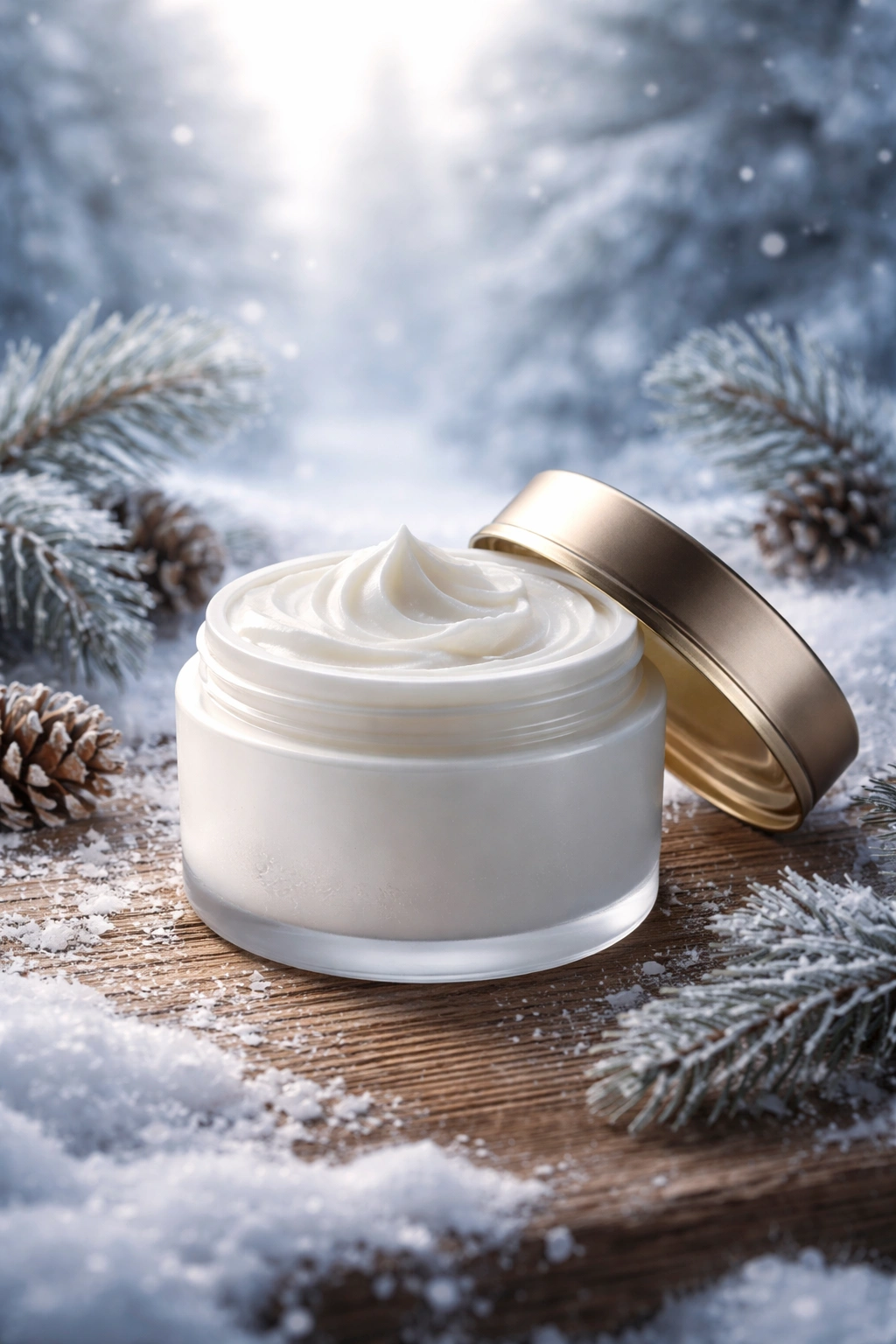 Hair mask jar on wooden surface with winter-like cool background