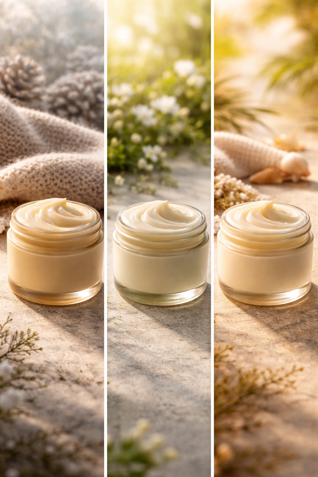 Three hair mask jars with different lighting to imply seasons