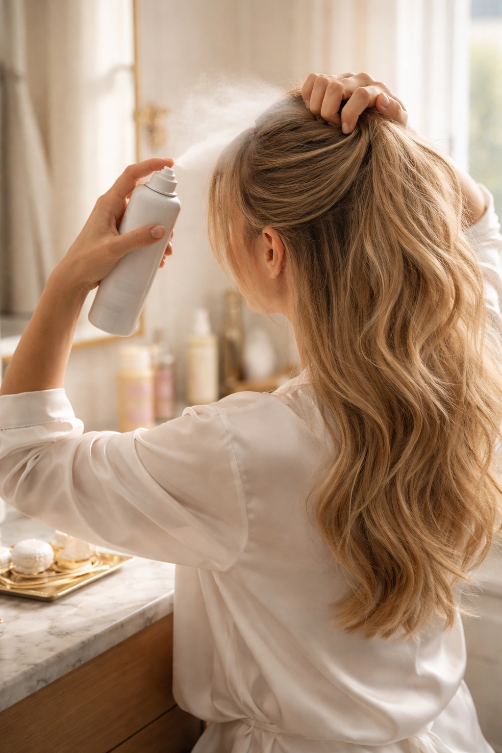 Person applying dry shampoo to second-day hair in a softly lit bathroom.