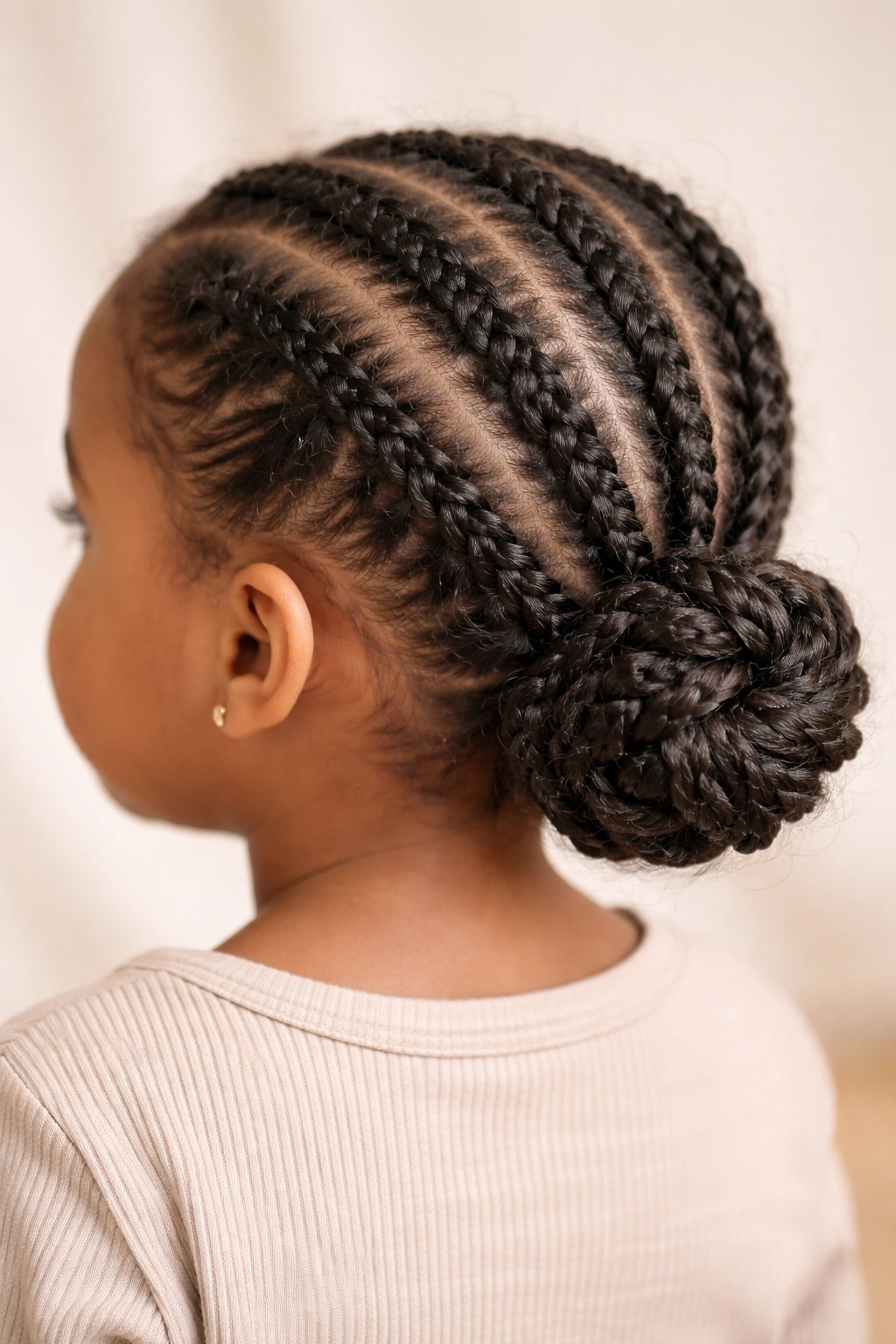 Low bun made from multiple braids, secured at the nape.