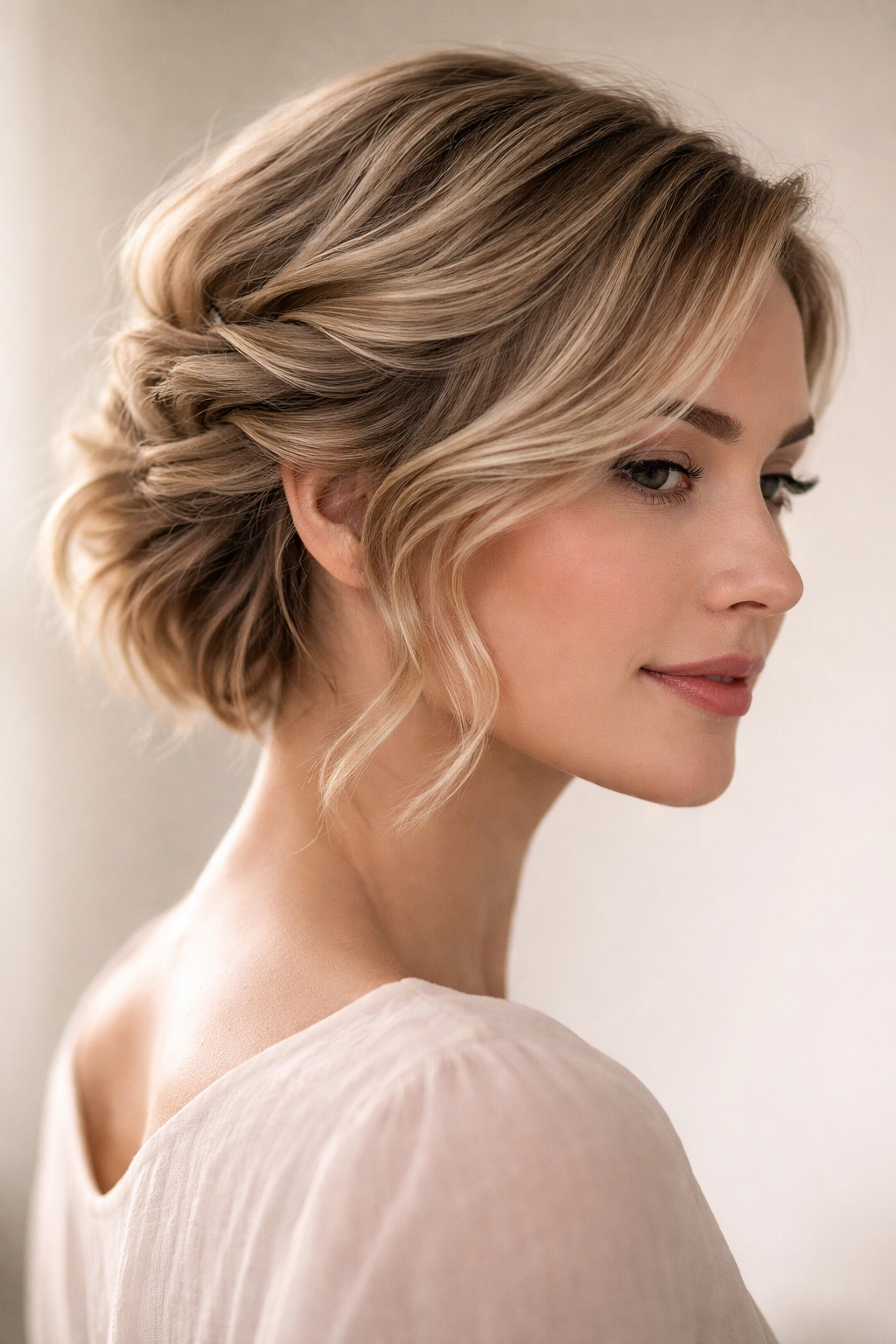 15 Easy Updos That Actually Work On Short Hair 16 Side view of loose waves secured with several small pins to create a subtle, directional updo