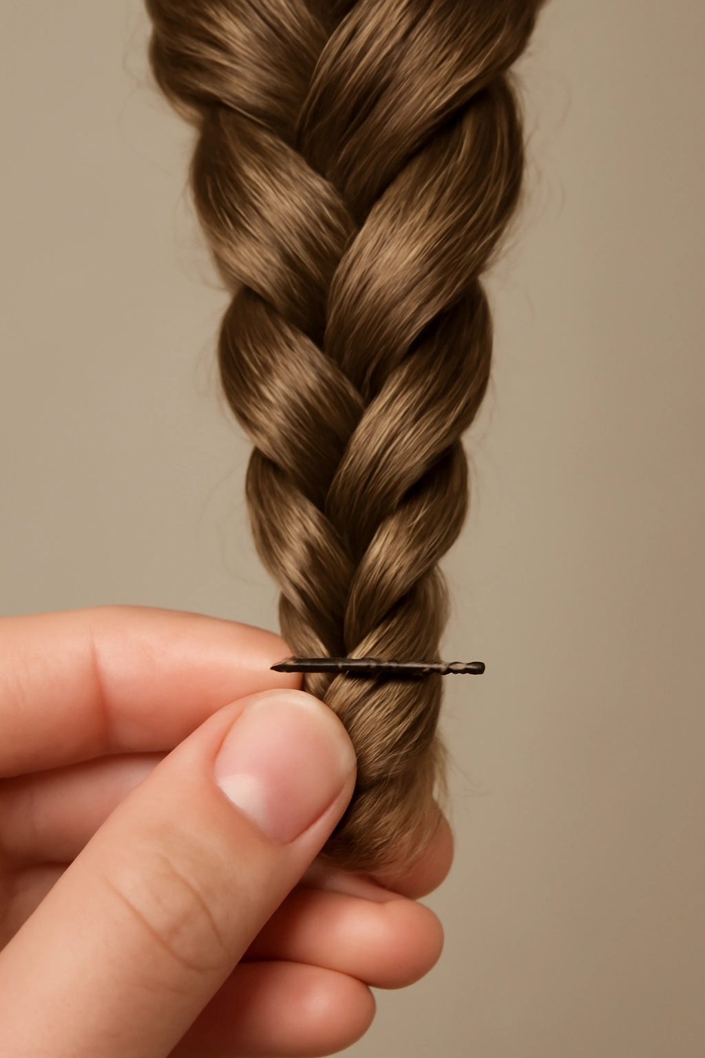 How to Do a Spiral Braid at Home Step by Step 10 Spiral braid ends secured with a pin, tucked neatly underneath