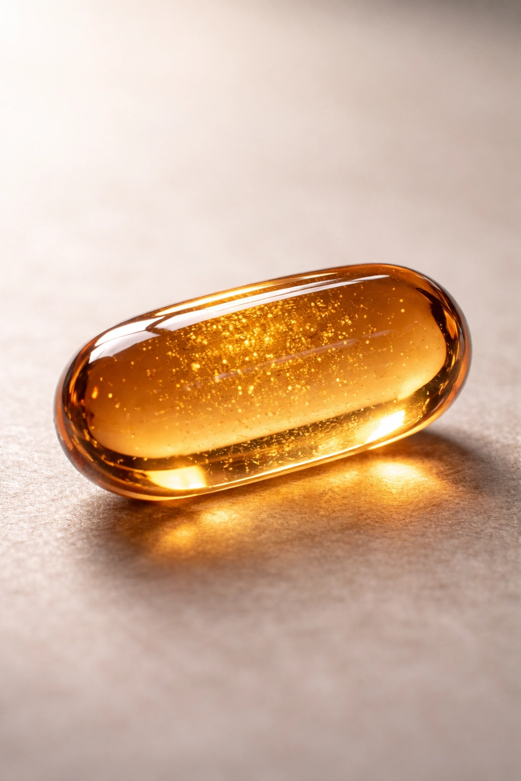Close-up of an amber-tinted selenium capsule on a plain background