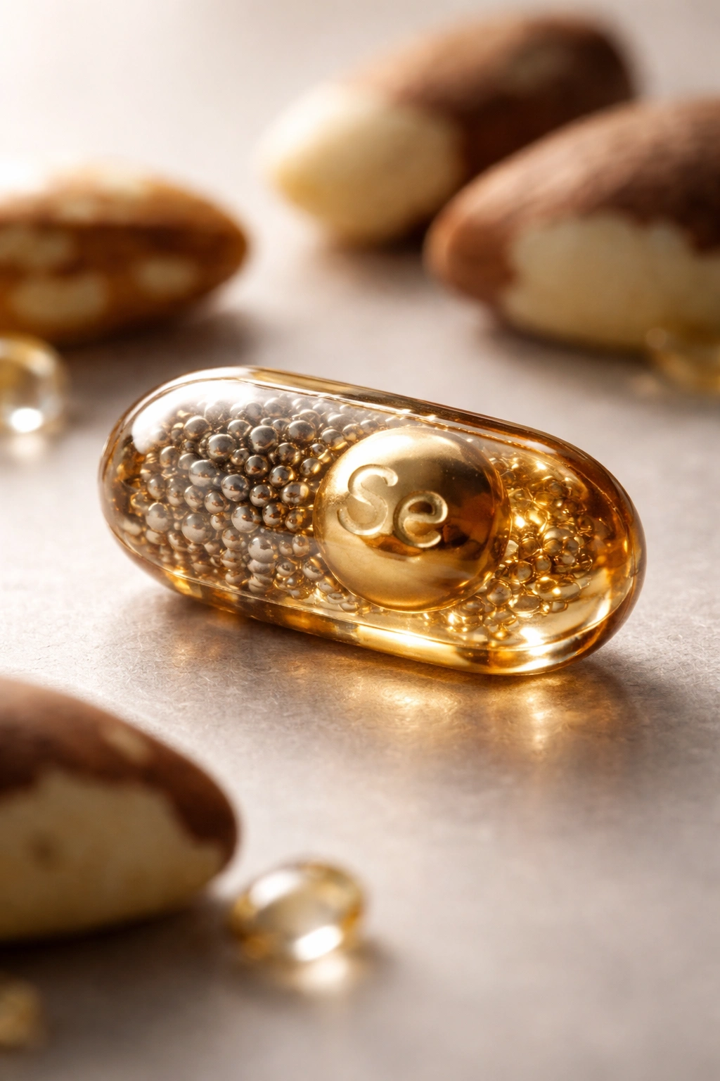 Close-up of a selenium supplement capsule on a neutral background