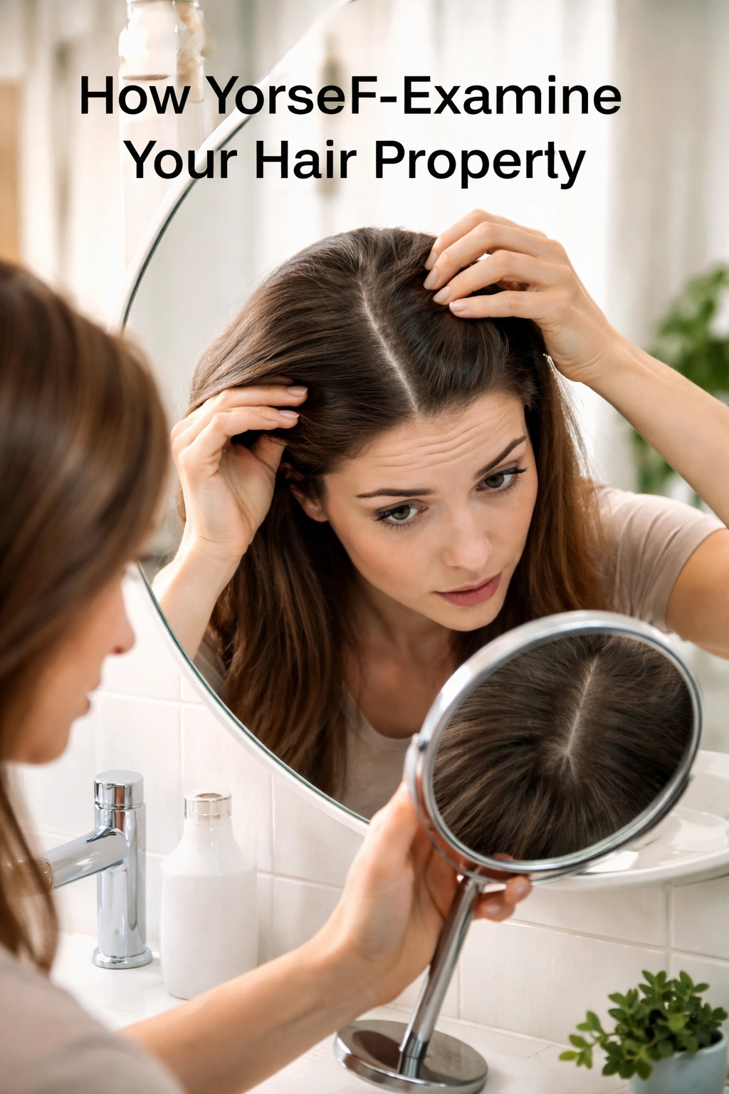 Person examining scalp with two mirrors in bright bathroom